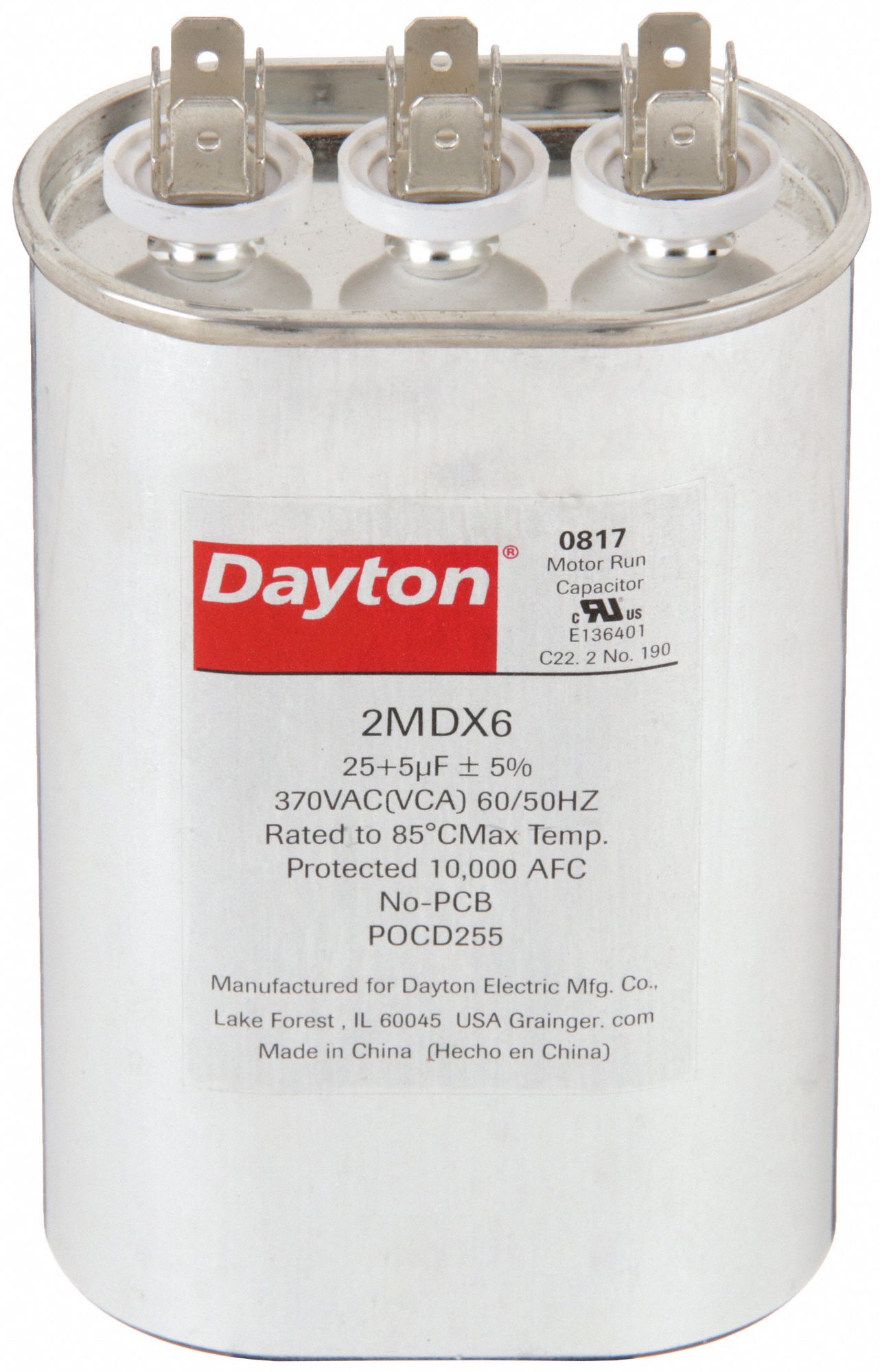 Motor Dual Run Capacitor: Oval, 370V AC, 25/5 MFD, 4 3/4 in Overall Ht, -40°C Op Temp - Min