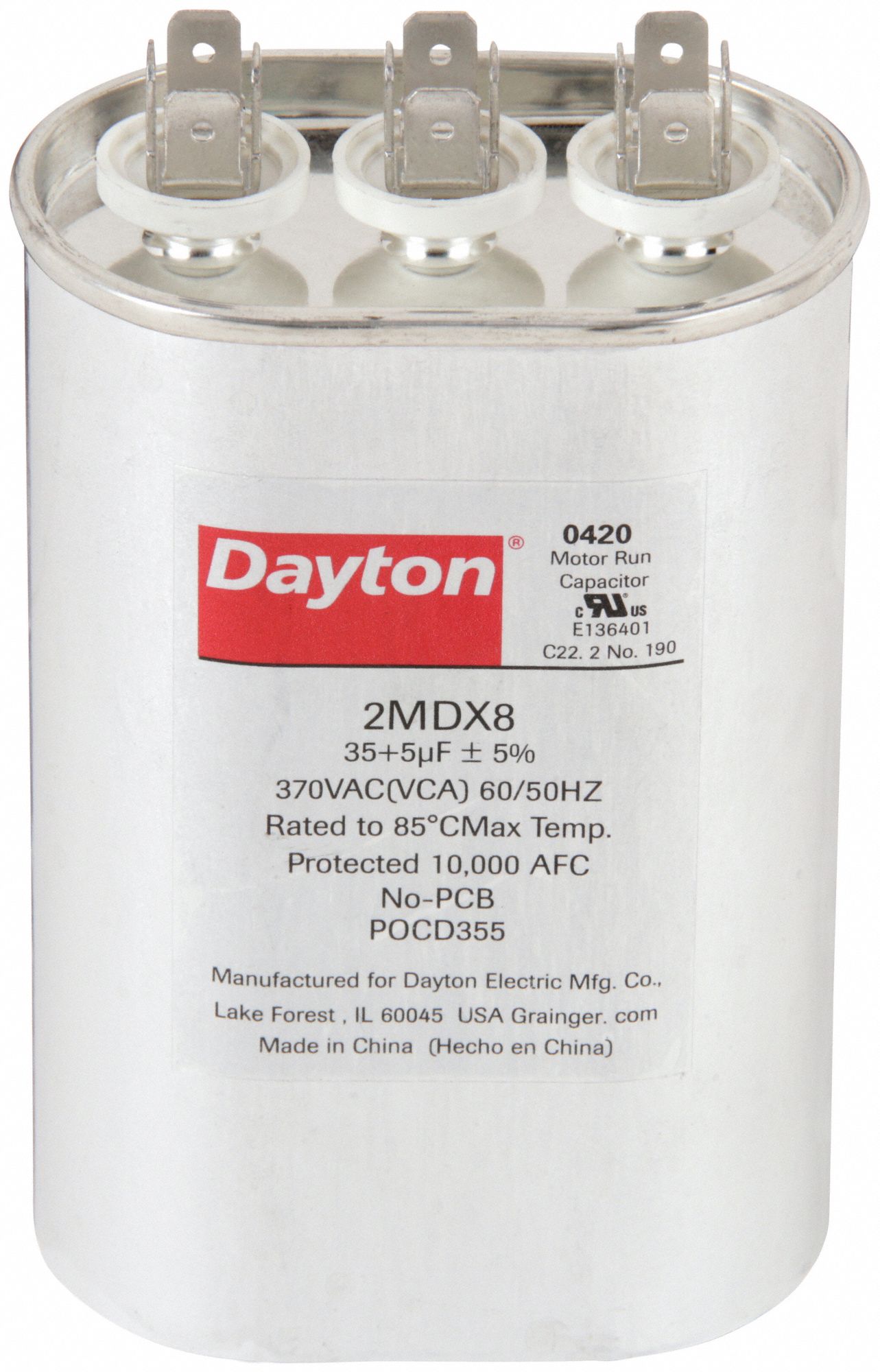 Motor Dual Run Capacitor: Oval, 370V AC, 35/5 MFD, 4 3/4 in Overall Ht, -40°C Op Temp - Min