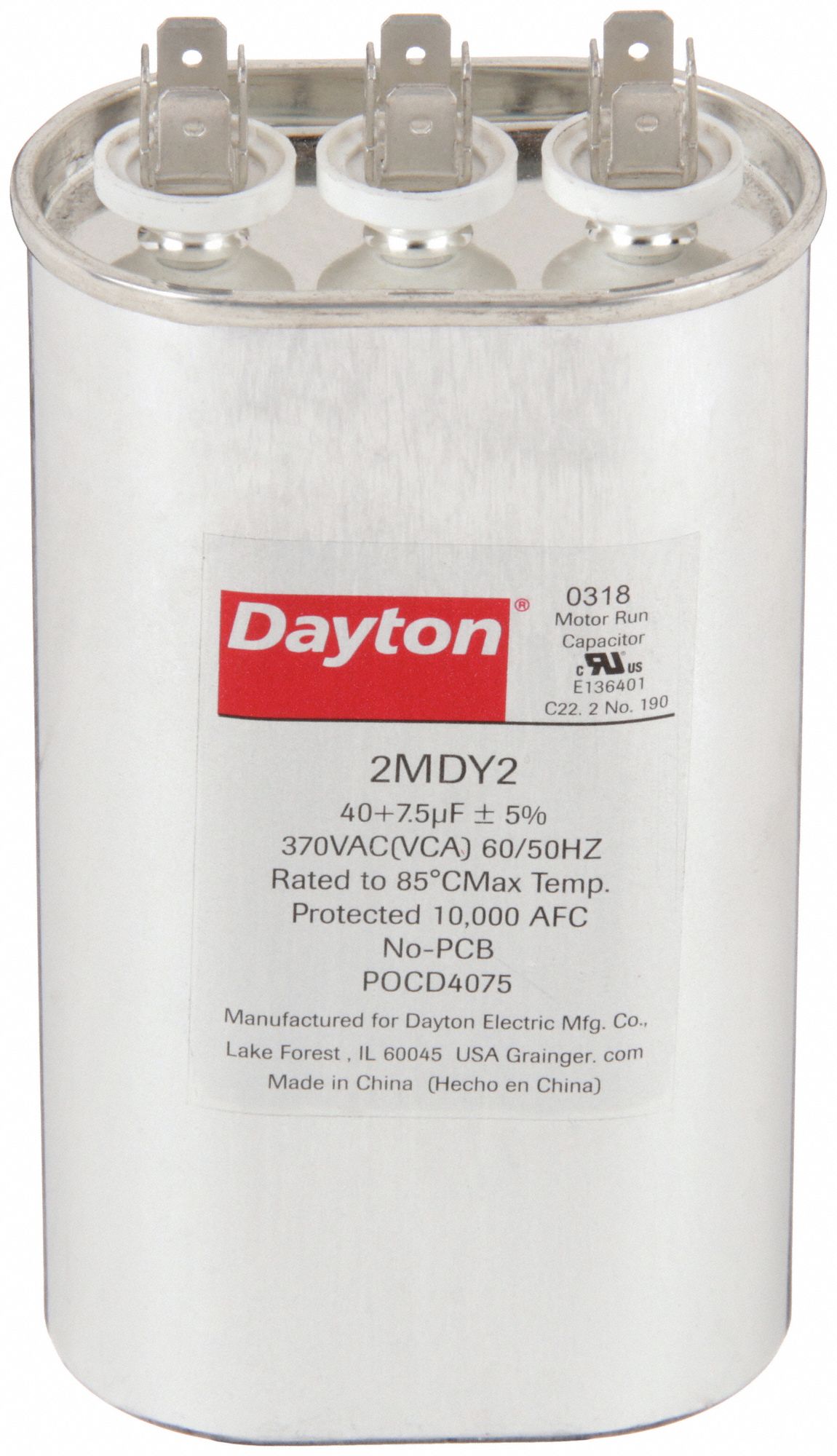 Motor Dual Run Capacitor: Oval, 370V AC, 40/7.5 MFD, 5 1/4 in Overall Ht, -40°C Op Temp - Min