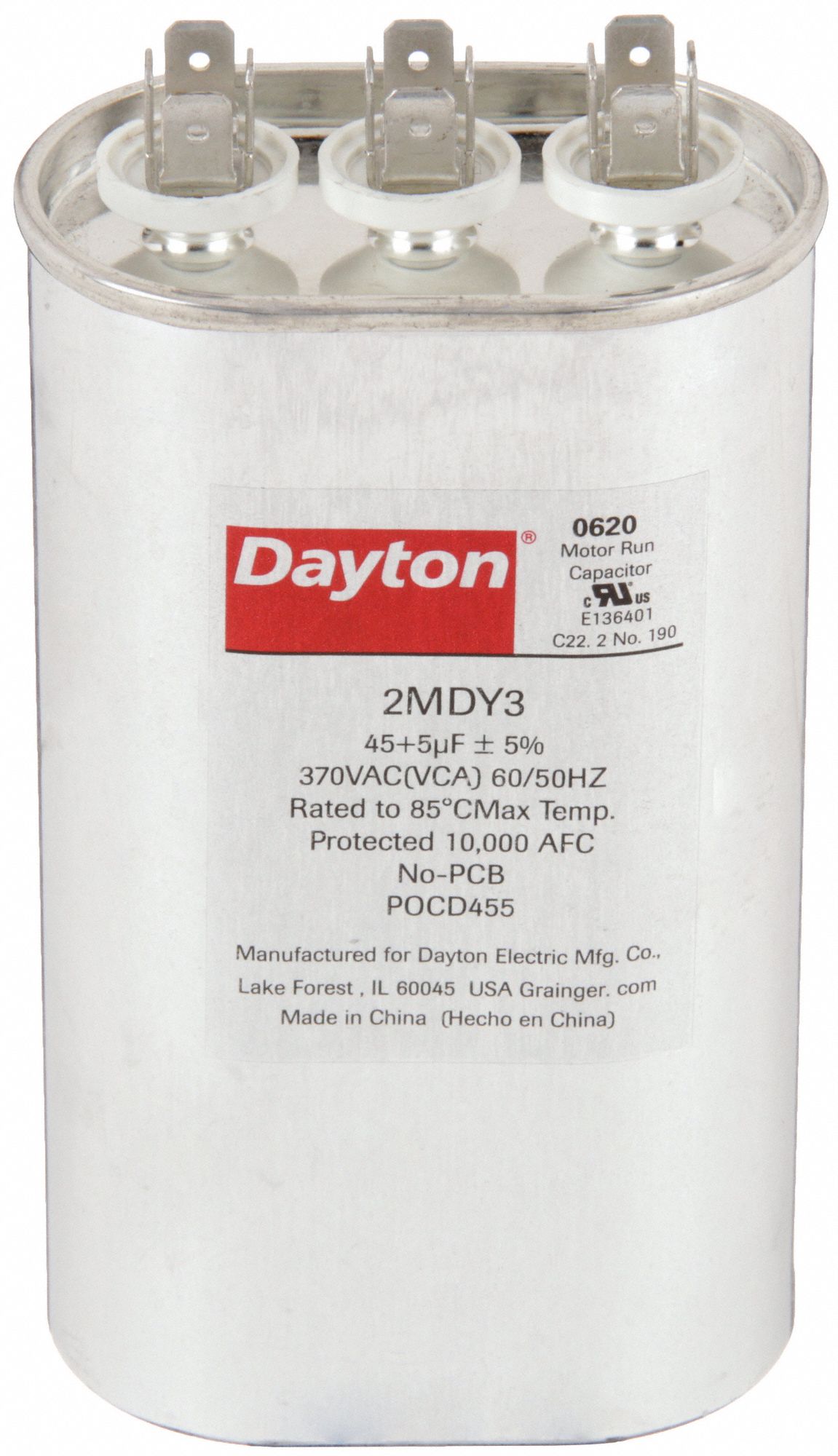 Motor Dual Run Capacitor: Oval, 370V AC, 45/5 MFD, 5 1/4 in Overall Ht, -40°C Op Temp - Min