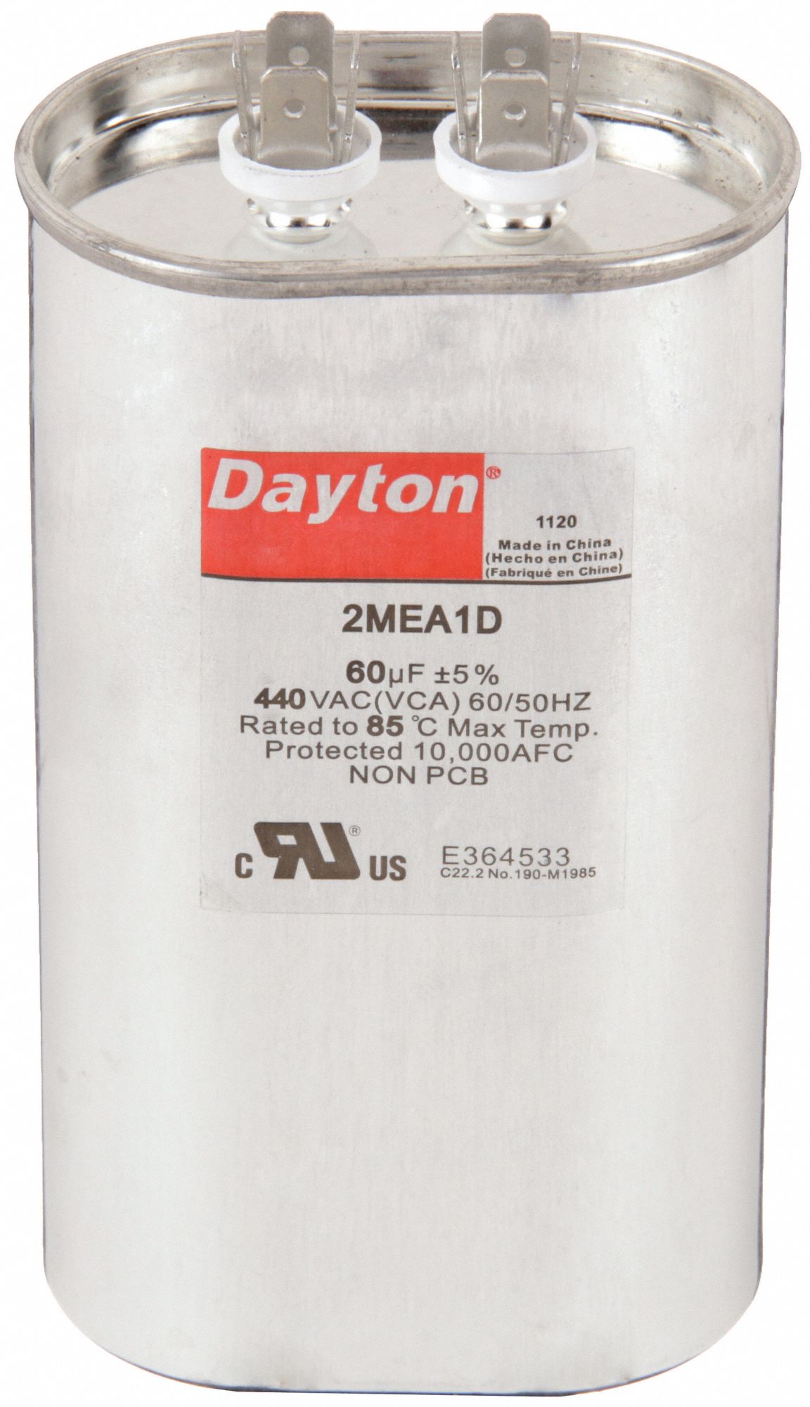 MOTOR RUN CAPACITOR, 60 MFD, 5 7/16 IN H, 440 V AC, OVAL
