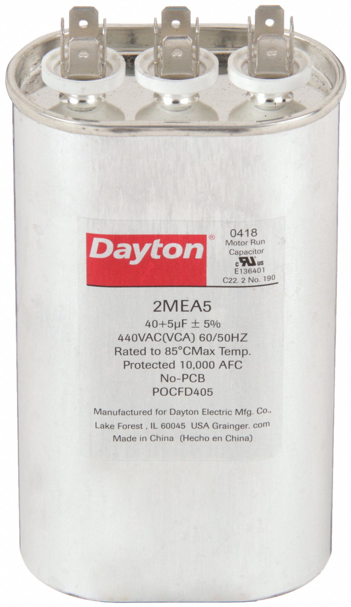 Motor Dual Run Capacitor: Oval, 440V AC, 40/5 MFD, 5 1/4 in Overall Ht, -40°C Op Temp - Min