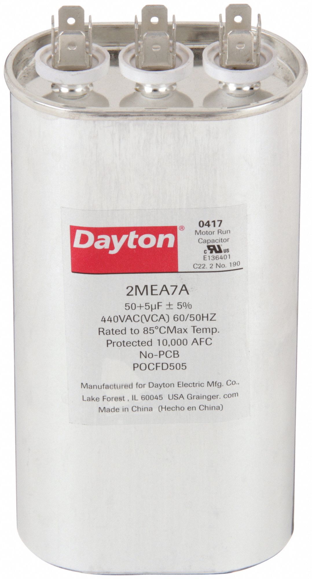 Motor Dual Run Capacitor: Oval, 440V AC, 50/5 MFD, 5 11/16 in Overall Ht, -40°C Op Temp - Min