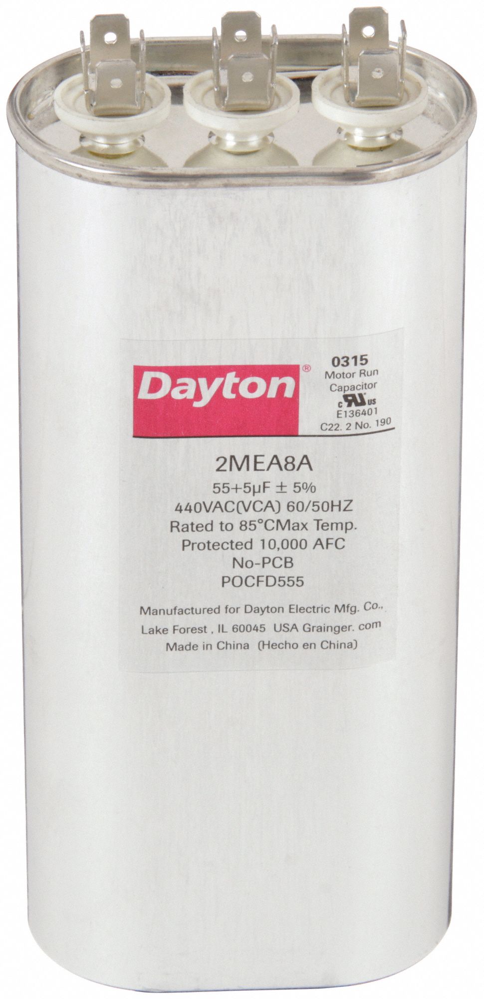 Motor Dual Run Capacitor: Oval, 440V AC, 55/5 MFD, 6 7/16 in Overall Ht, -40°C Op Temp - Min