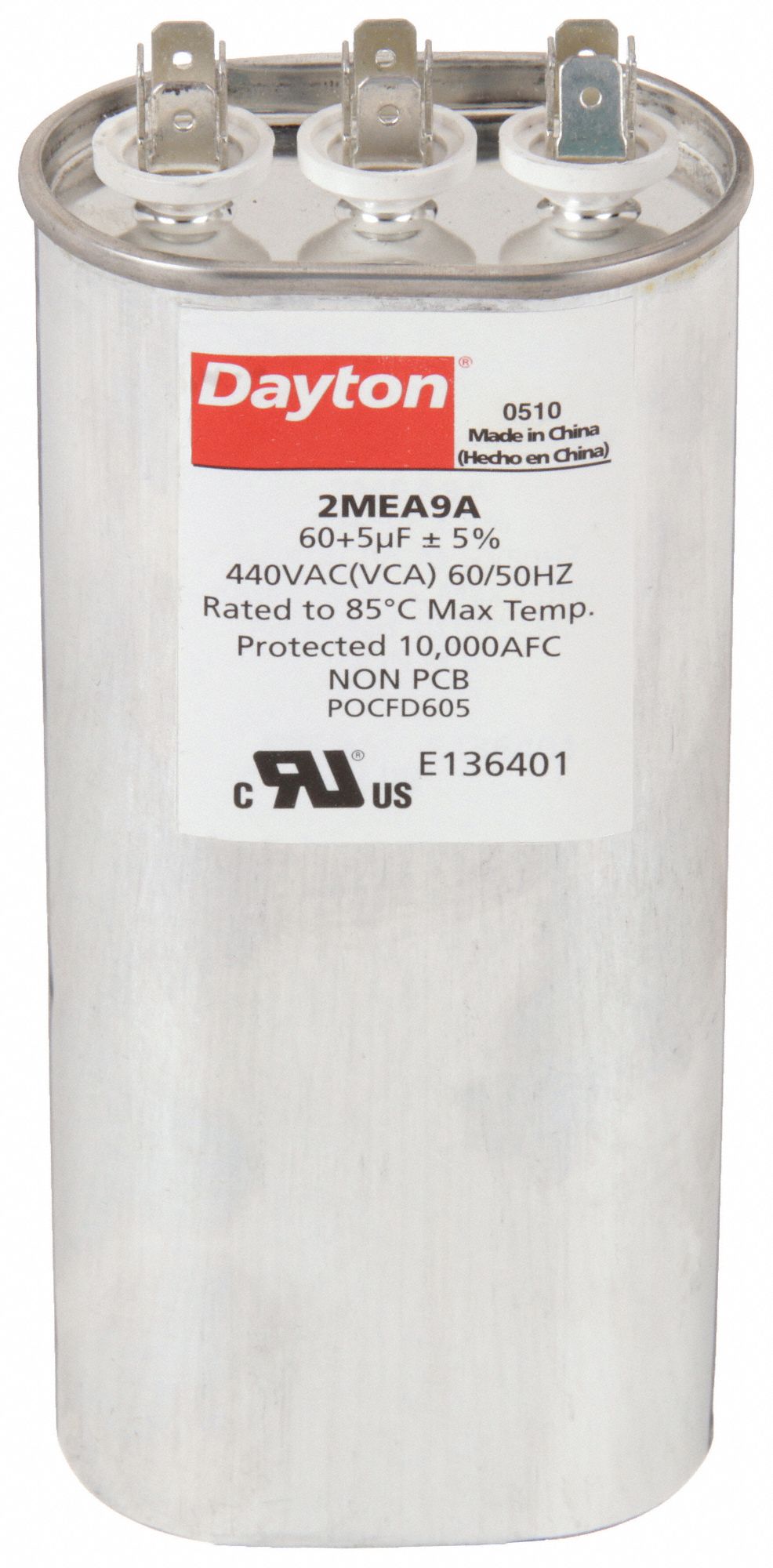 Motor Dual Run Capacitor: Oval, 440V AC, 60/5 MFD, 6 7/16 in Overall Ht, -40°C Op Temp - Min