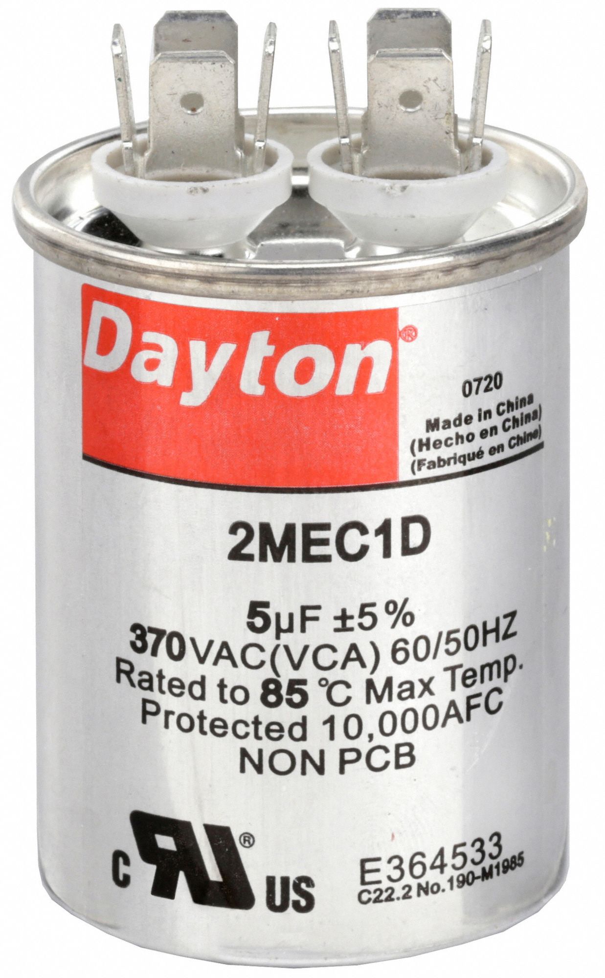 MOTOR RUN CAPACITOR, 5 MFD, 3 5/16 IN H, 370 V AC, ROUND