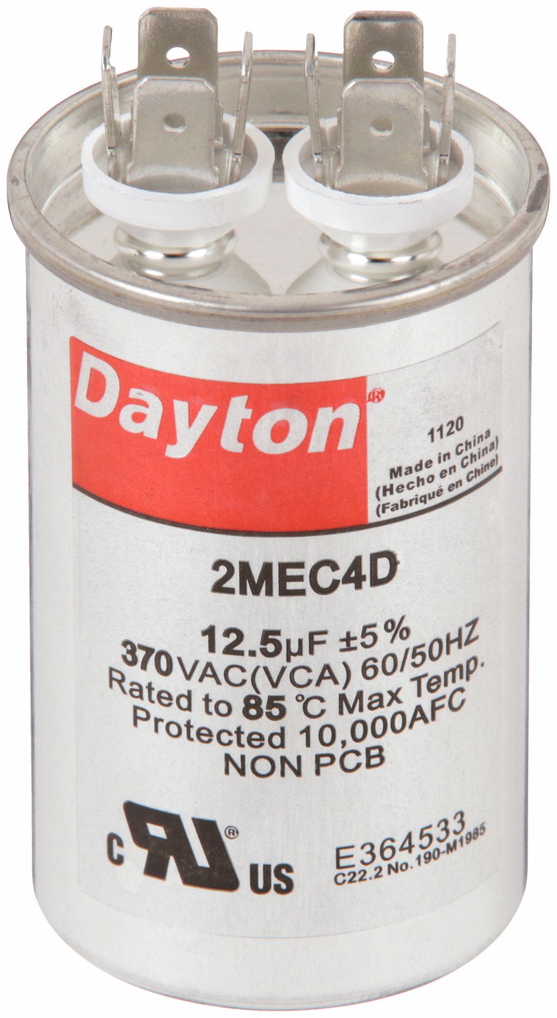 Motor Run Capacitor: Round, 370V AC, 12.5 MFD, 1 5/8 in Overall Dia, 3 in Overall Ht, Steel