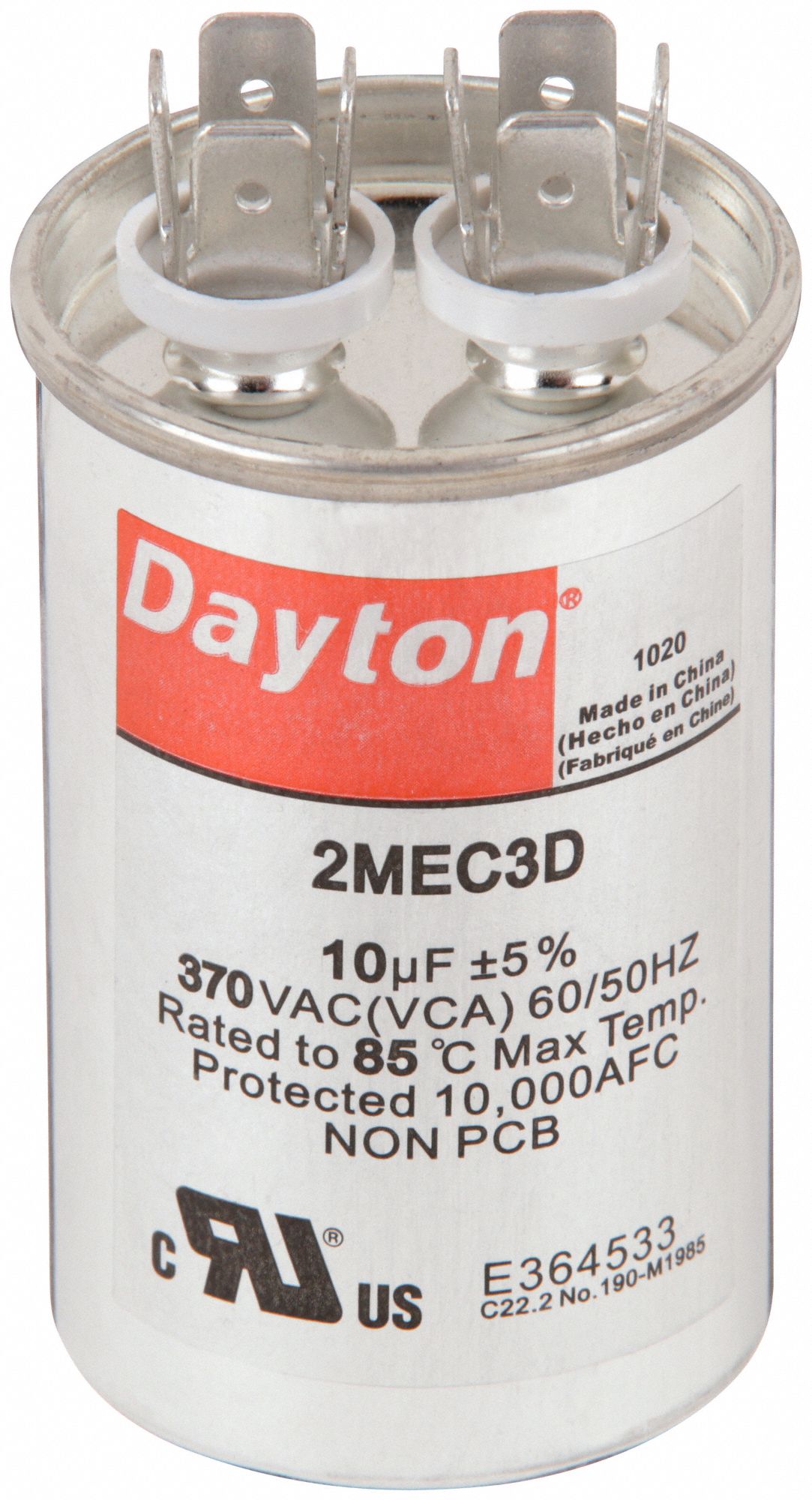 MOTOR RUN CAPACITOR, 15 MFD, 3 IN H, 370 V AC, ROUND
