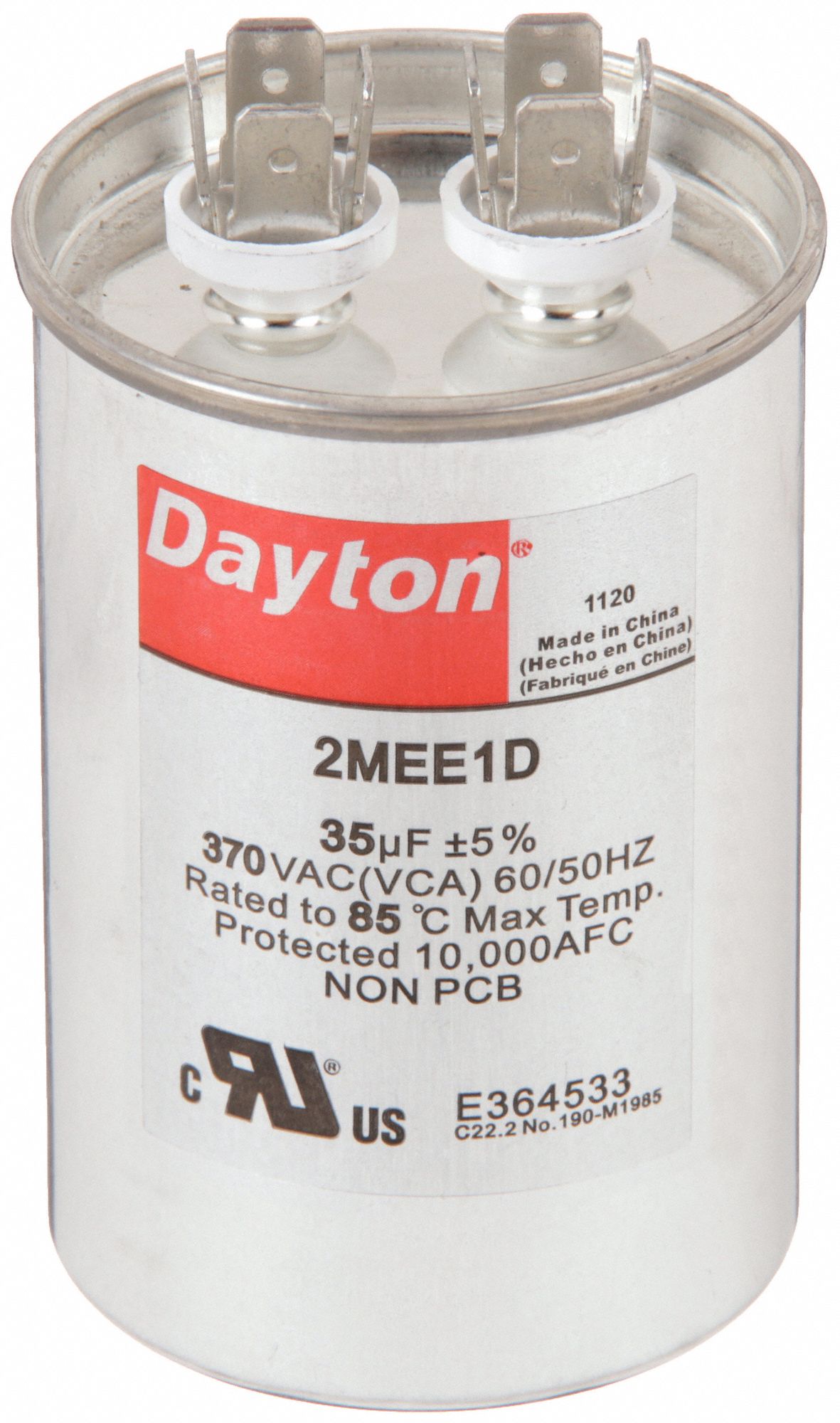 DAYTON Motor Run Capacitor: Round, 370V AC, 35 mfd, 3 1/2 in Overall Ht
