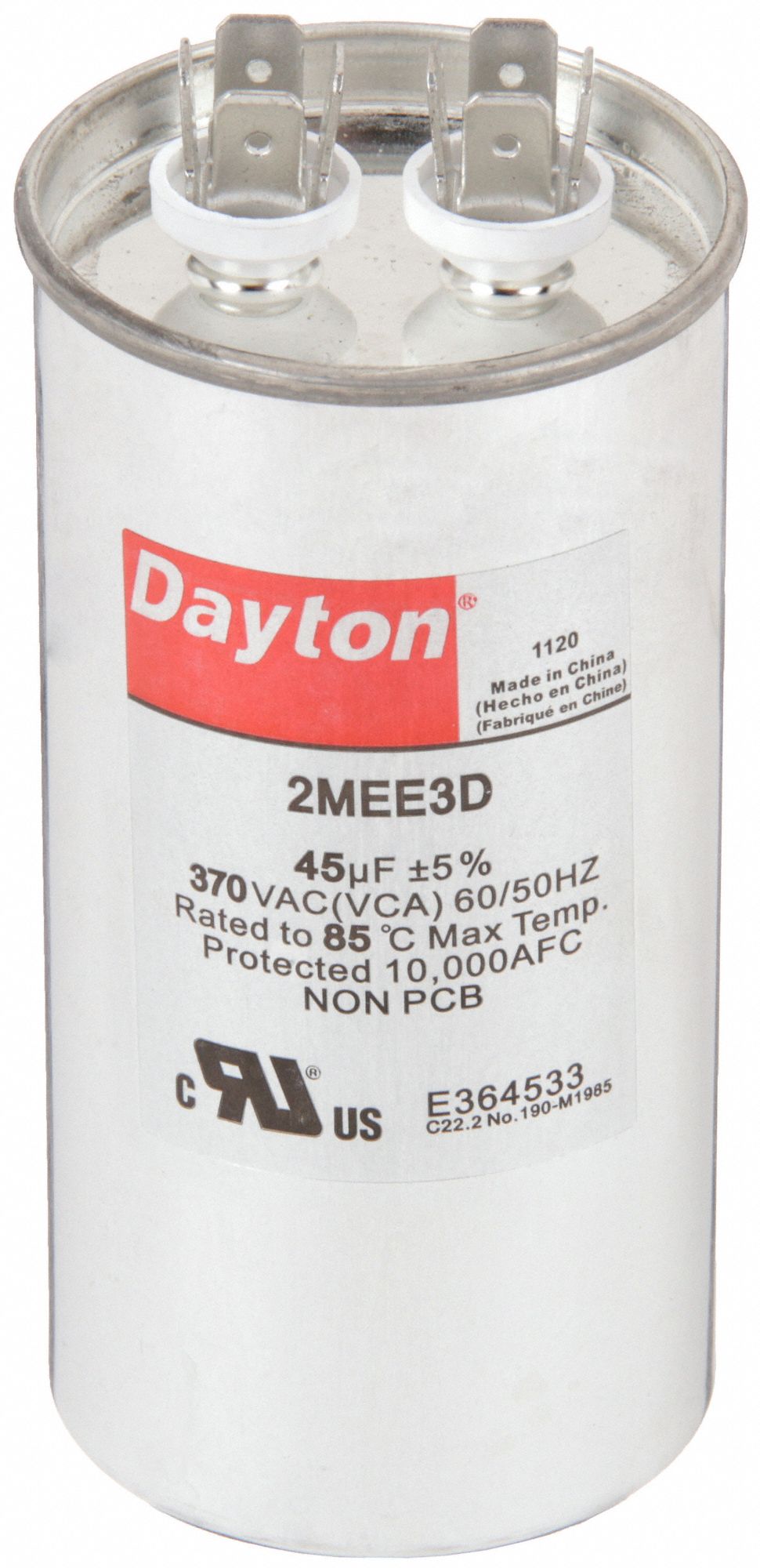 MOTOR RUN CAPACITOR, 45 MFD, 4 7/16 IN H, 370 V AC