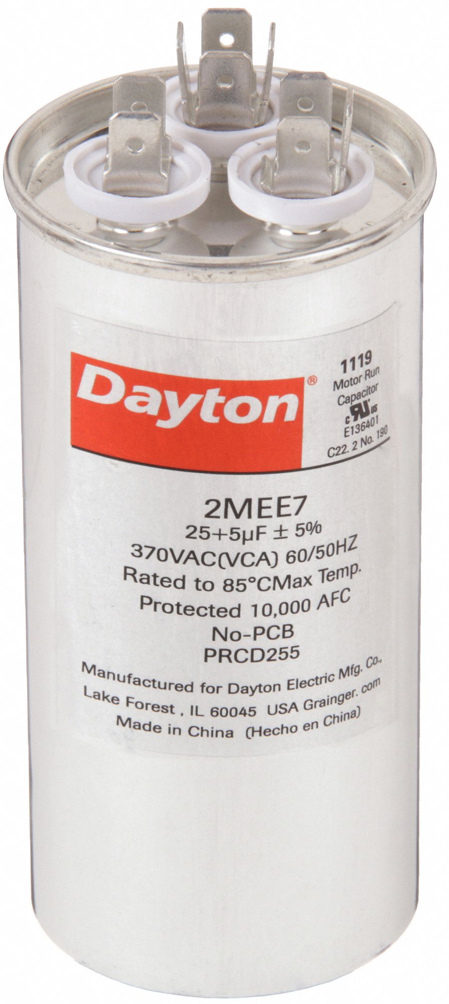 Motor Dual Run Capacitor: Round, 370V AC, 25/5 MFD, 2 in Overall Dia, 4 5/8 in Overall Ht