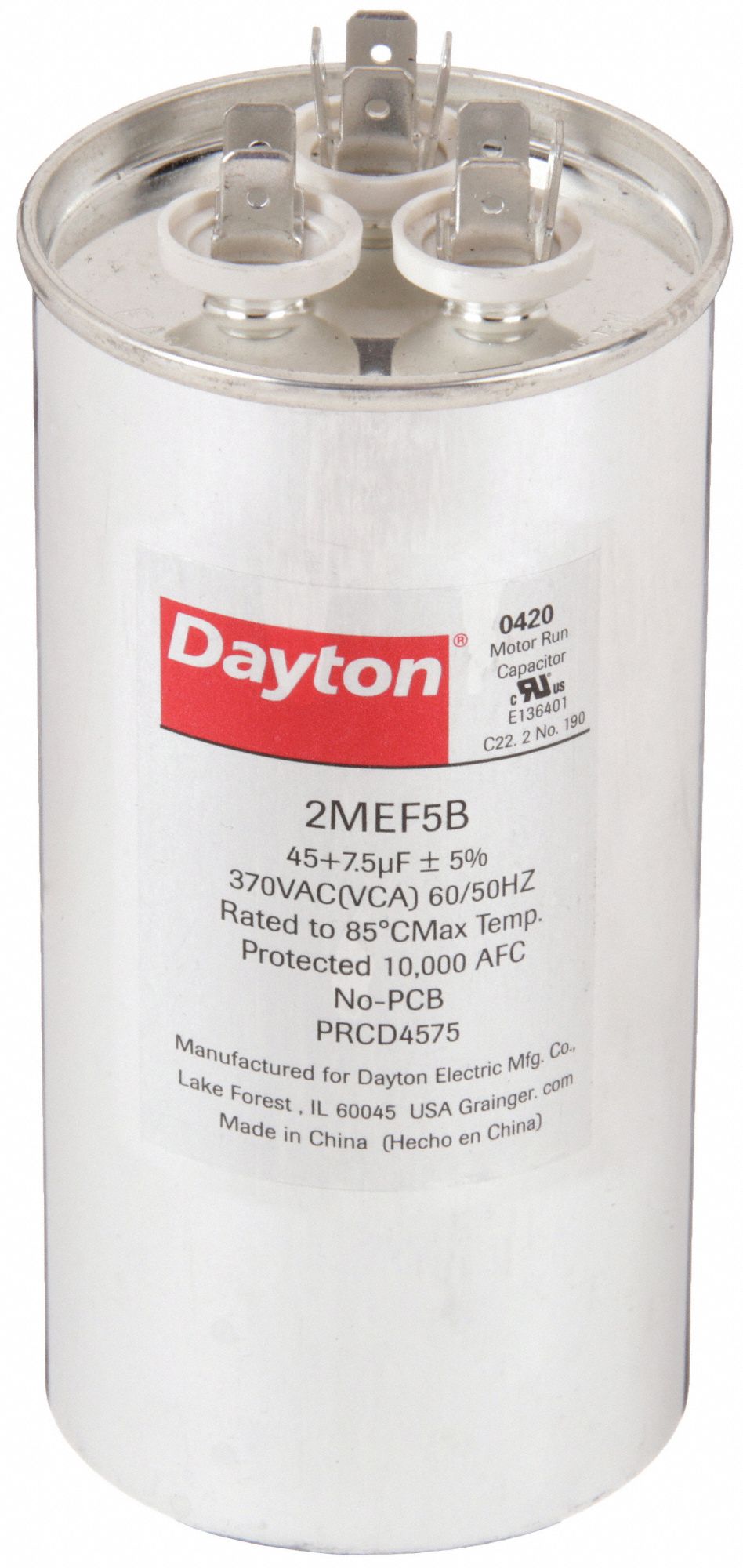 Motor Dual Run Capacitor: Round, 370V AC, 45/7.5 MFD, 2 3/8 in Overall Dia, Aluminum, Steel