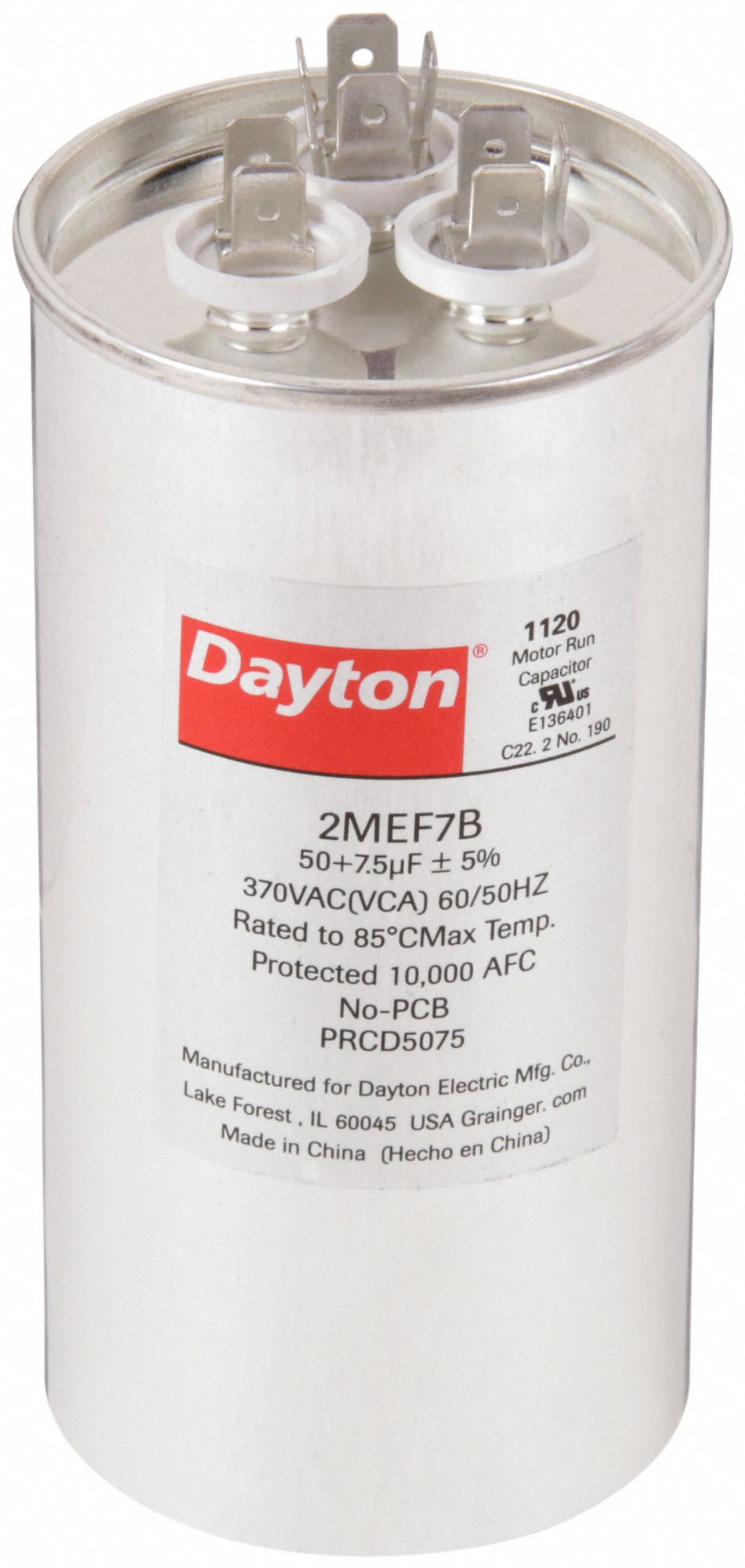 Motor Dual Run Capacitor: Round, 370V AC, 50/7.5 MFD, 2 3/8 in Overall Dia, Aluminum, Steel