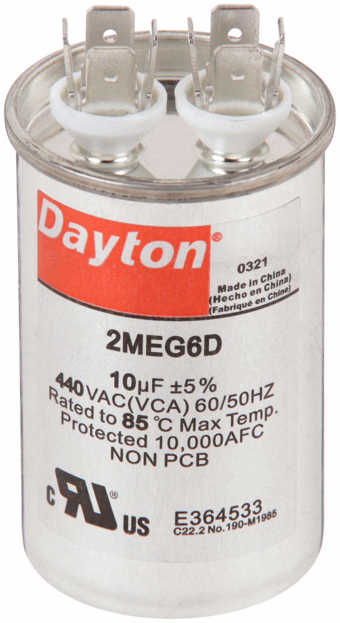 Motor Run Capacitor: Round, 440V AC, 10 MFD, 1 5/8 in Overall Dia, 3 in Overall Ht, Aluminum