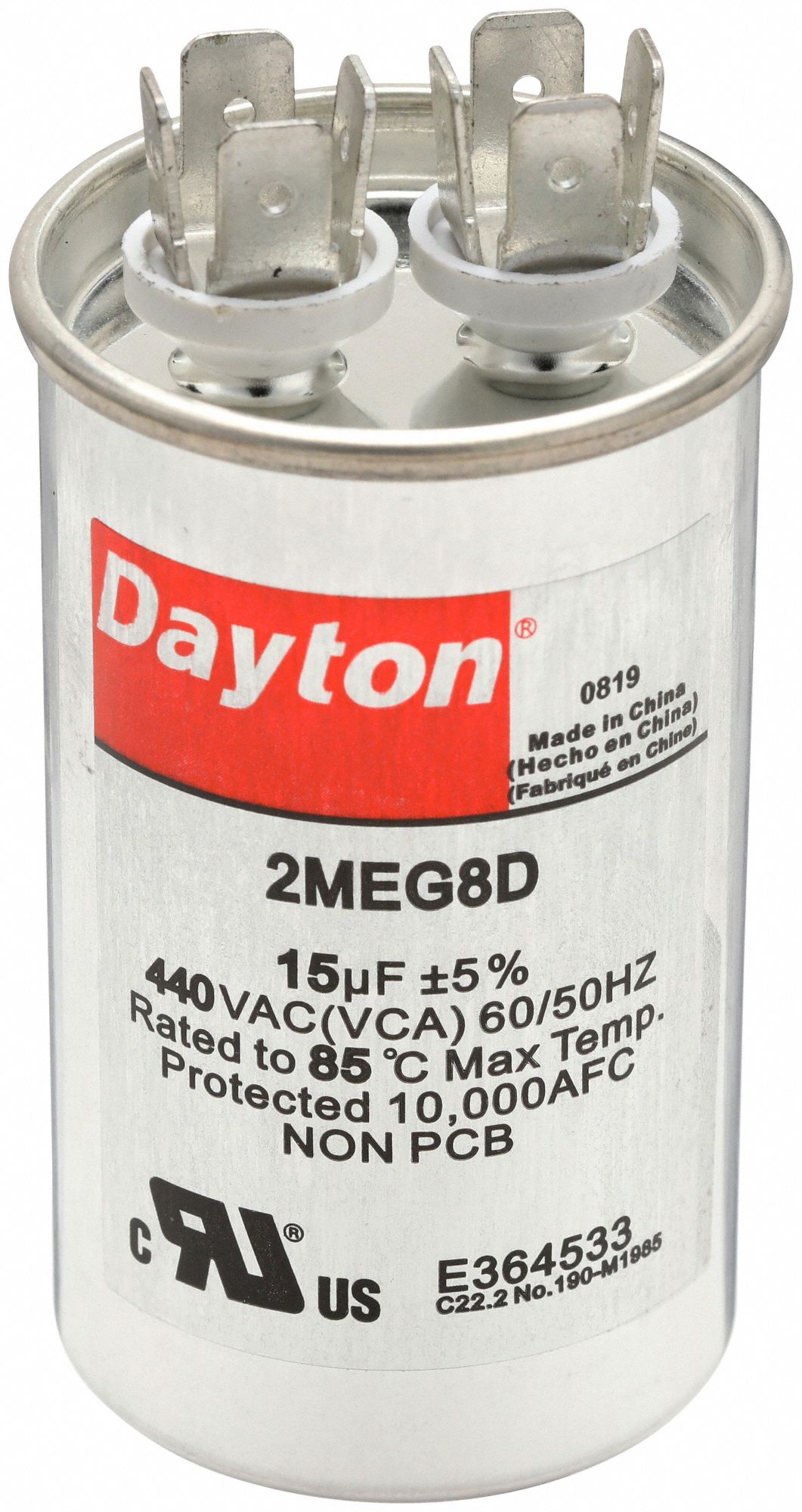 Motor Run Capacitor: Round, 440V AC, 15 MFD, 1 5/8 in Overall Dia, 3 in Overall Ht, Aluminum