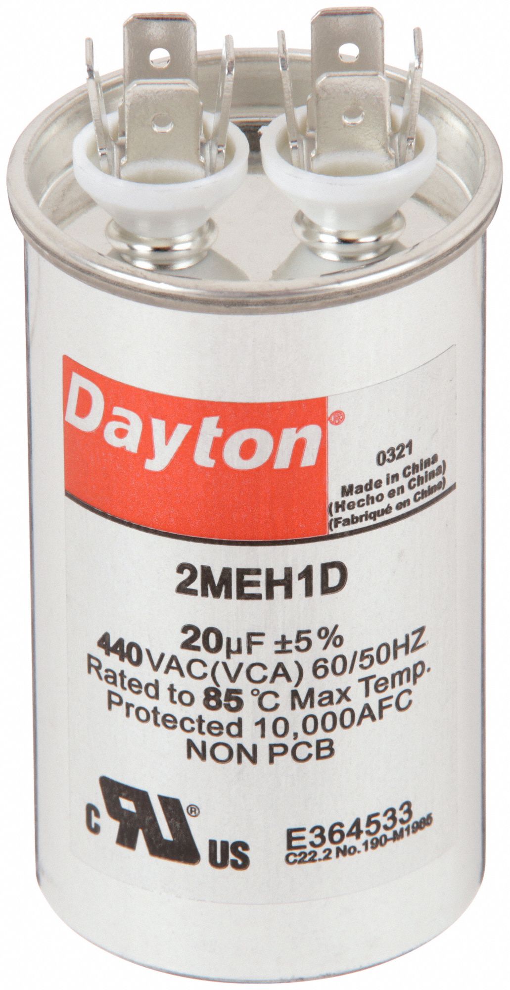 MOTOR RUN CAPACITOR, 20 MFD, 3 5/16 IN H, 440 V AC, ROUND