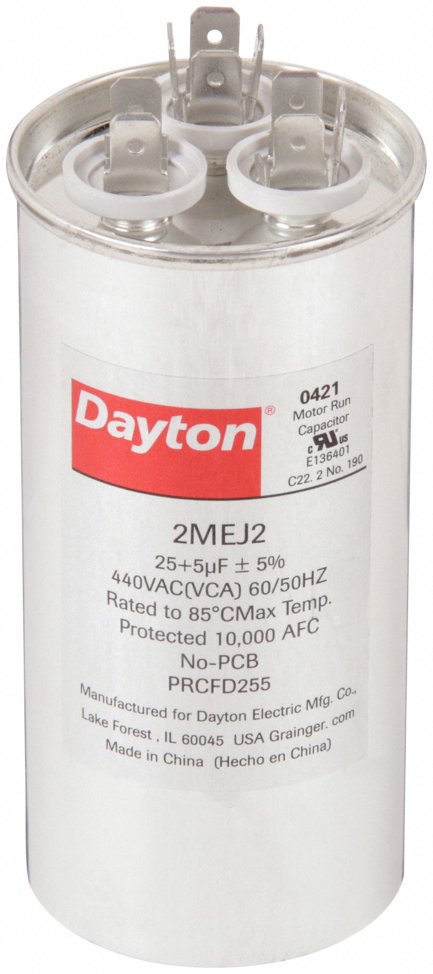 Motor Dual Run Capacitor: Round, 440V AC, 25/5 MFD, 2 in Overall Dia, 4 5/8 in Overall Ht