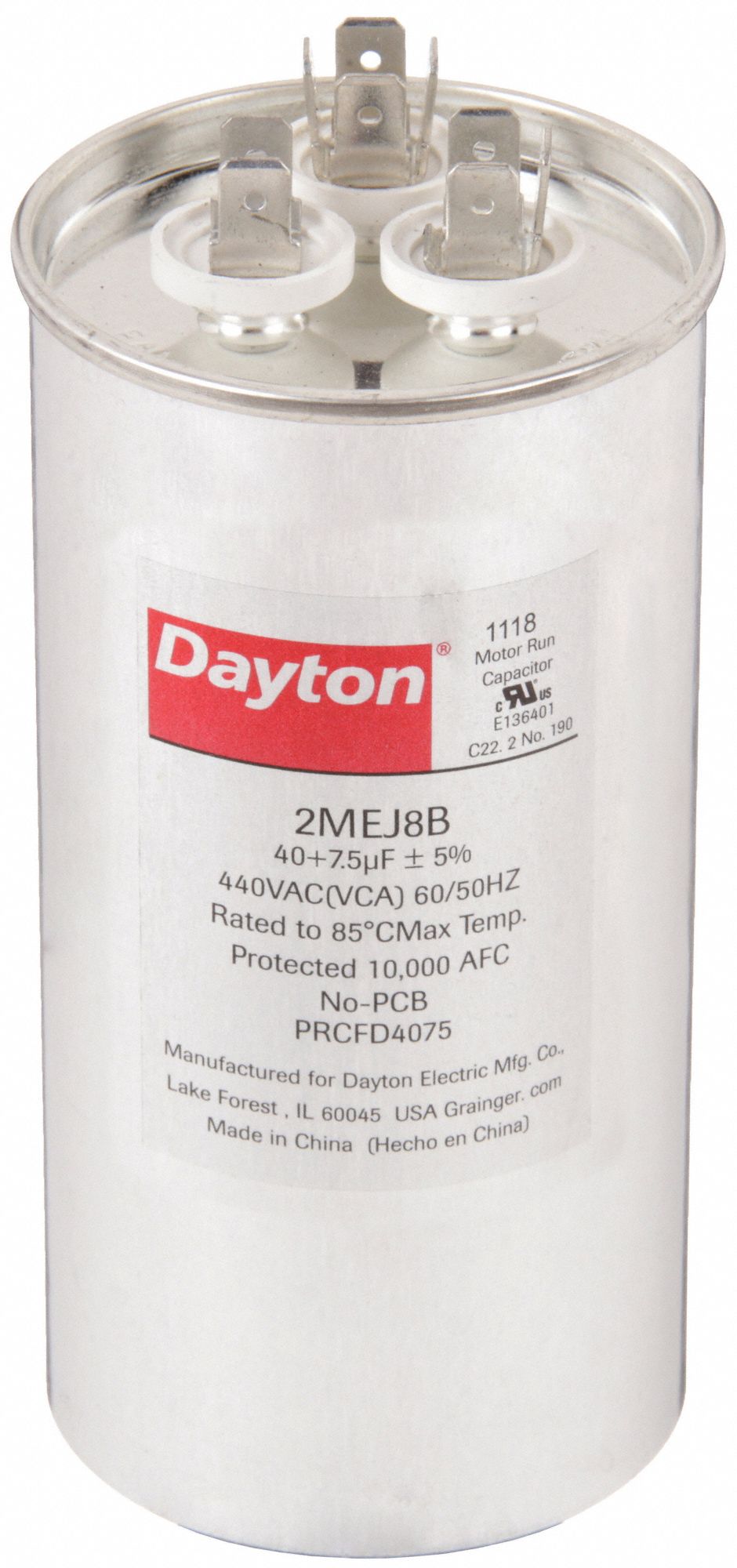 Motor Dual Run Capacitor: Round, 440V AC, 40/7.5 MFD, 2 3/8 in Overall Dia, Aluminum, Steel