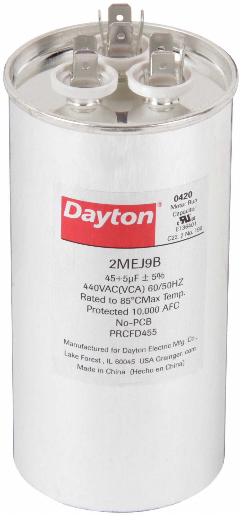 Motor Dual Run Capacitor: Round, 440V AC, 45/5 MFD, 2 3/8 in Overall Dia, 5 1/4 in Overall Ht