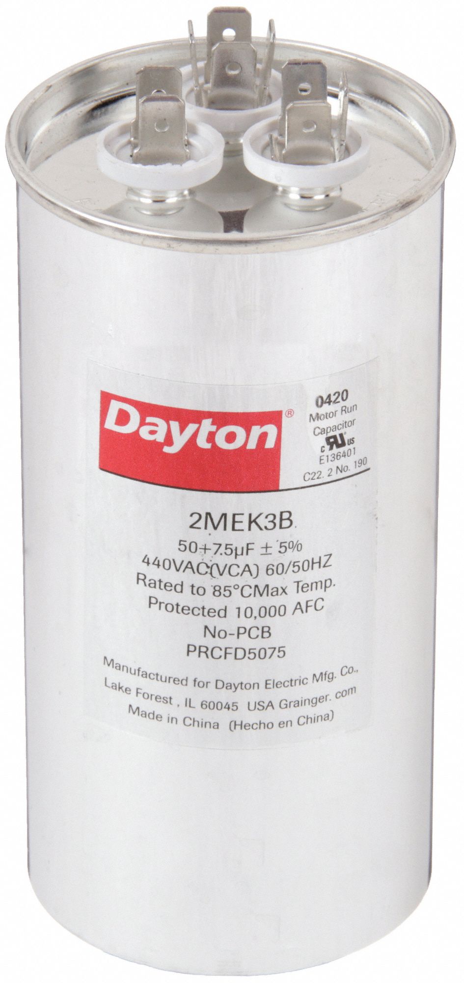 Motor Dual Run Capacitor: Round, 440V AC, 50/7.5 MFD, 2 3/8 in Overall Dia, Aluminum, Steel