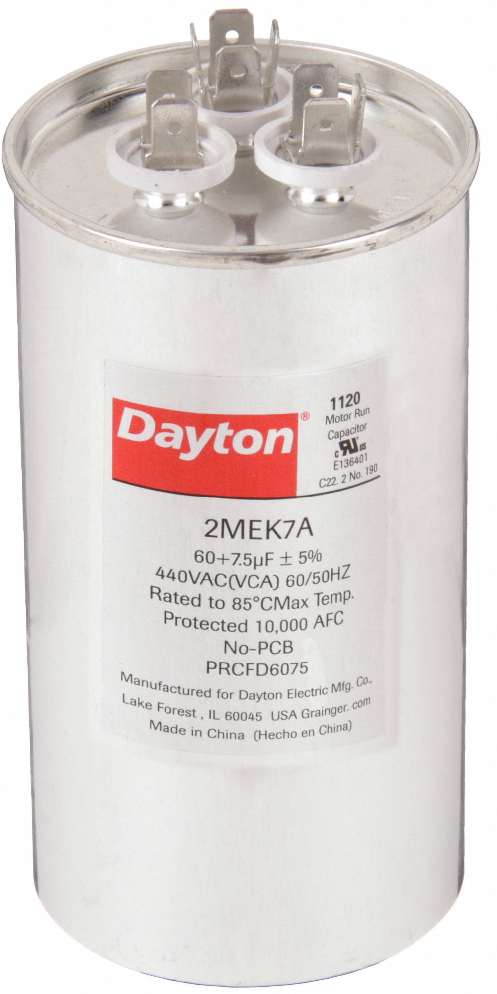 Motor Dual Run Capacitor: Round, 440V AC, 60/7.5 MFD, 2 1/2 in Overall Dia, Aluminum, Steel