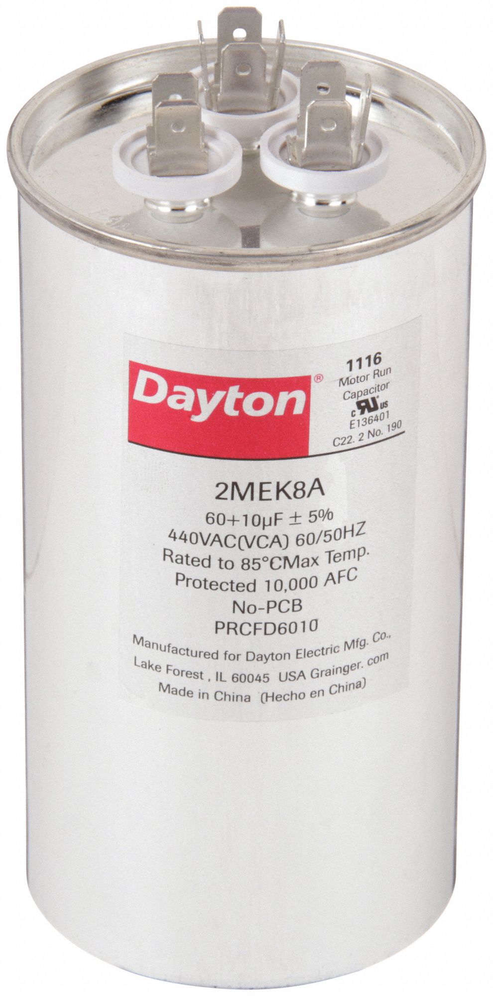 Motor Dual Run Capacitor: Round, 440V AC, 60/10 MFD, 2 1/2 in Overall Dia, 70°C Op Temp - Max