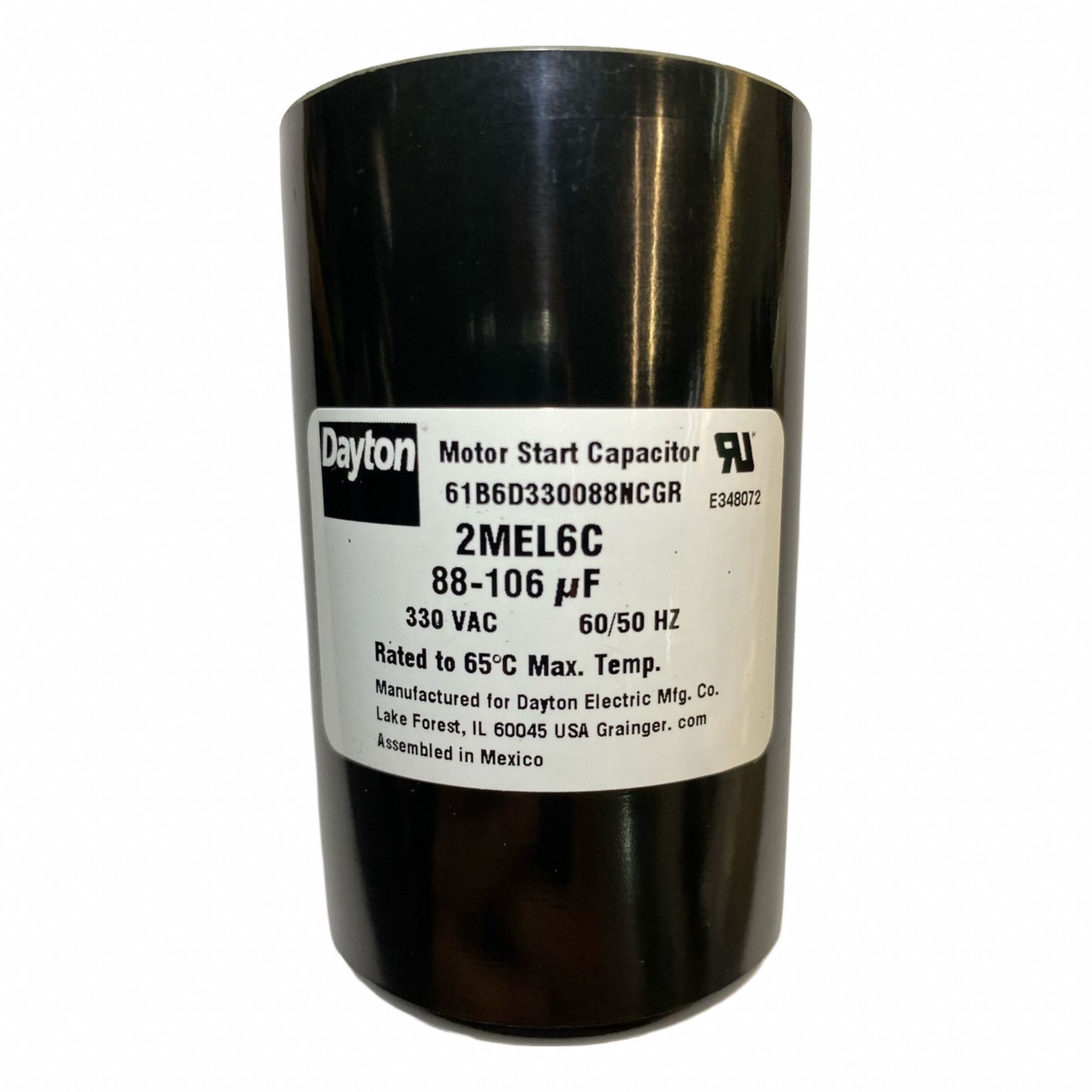 Motor Start Capacitor: Round, 3 3/8 in Case Ht, 2 1/16 in Dia, 330V AC, 88-108 MFD, Plastic