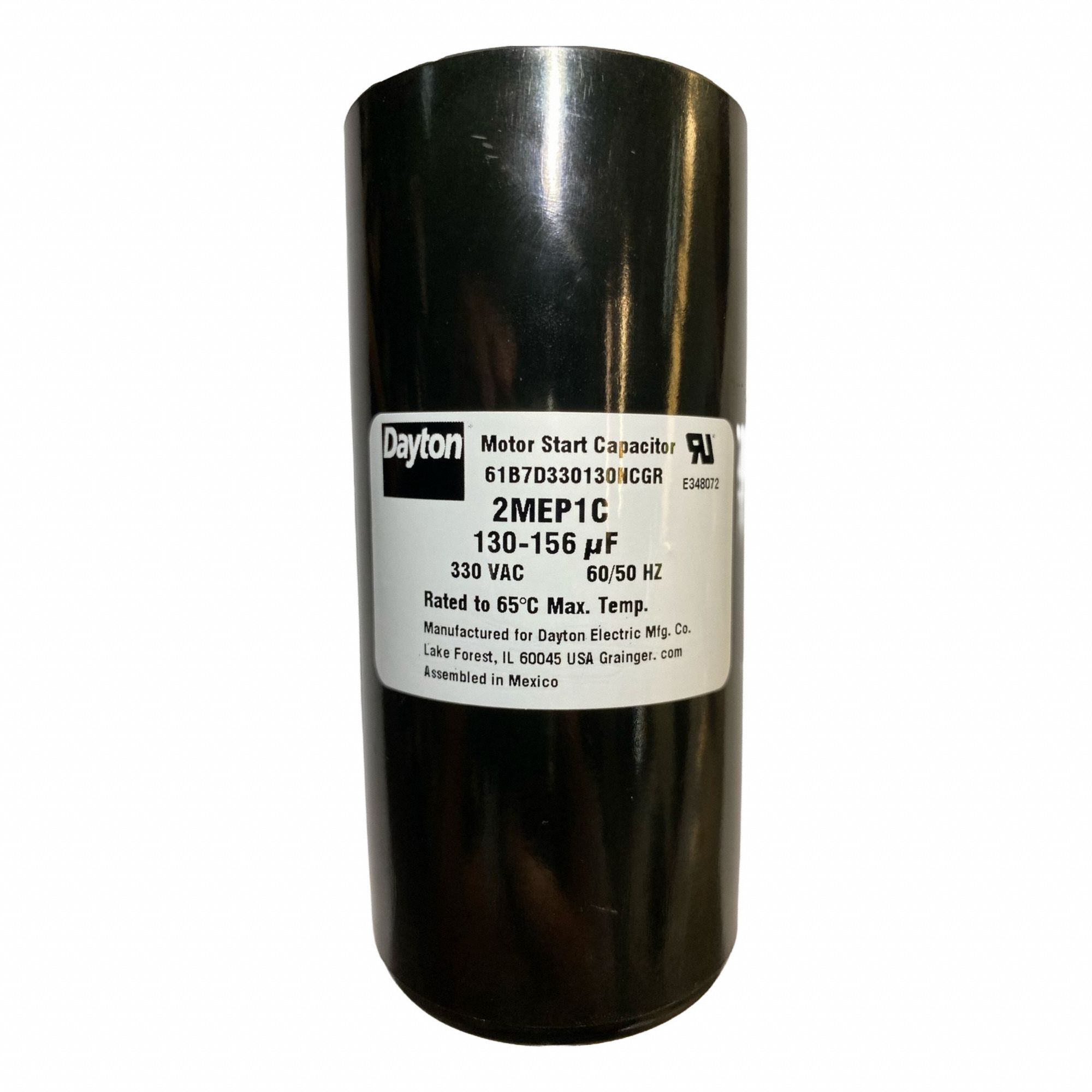 Motor Start Capacitor: Round, 4 3/8 in Case Ht, 2 1/16 in Dia, 330V AC, 130-158 MFD, Plastic