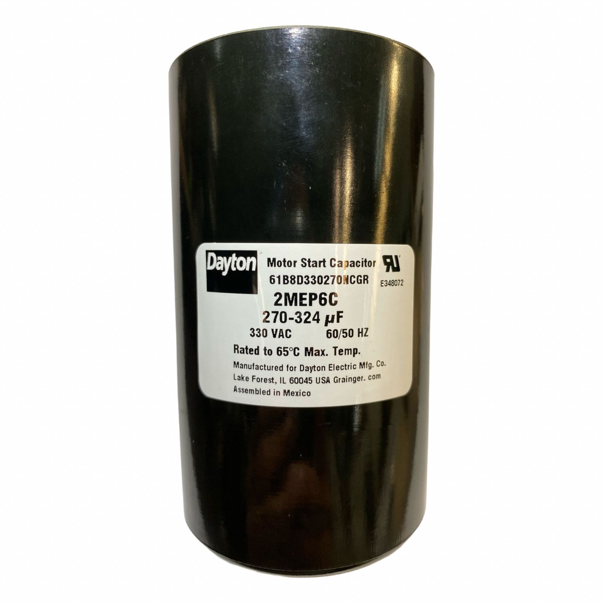 Motor Start Capacitor: Round, 4 3/8 in Case Ht, 2 9/16 in Dia, 330V AC, 270-324 MFD, Plastic