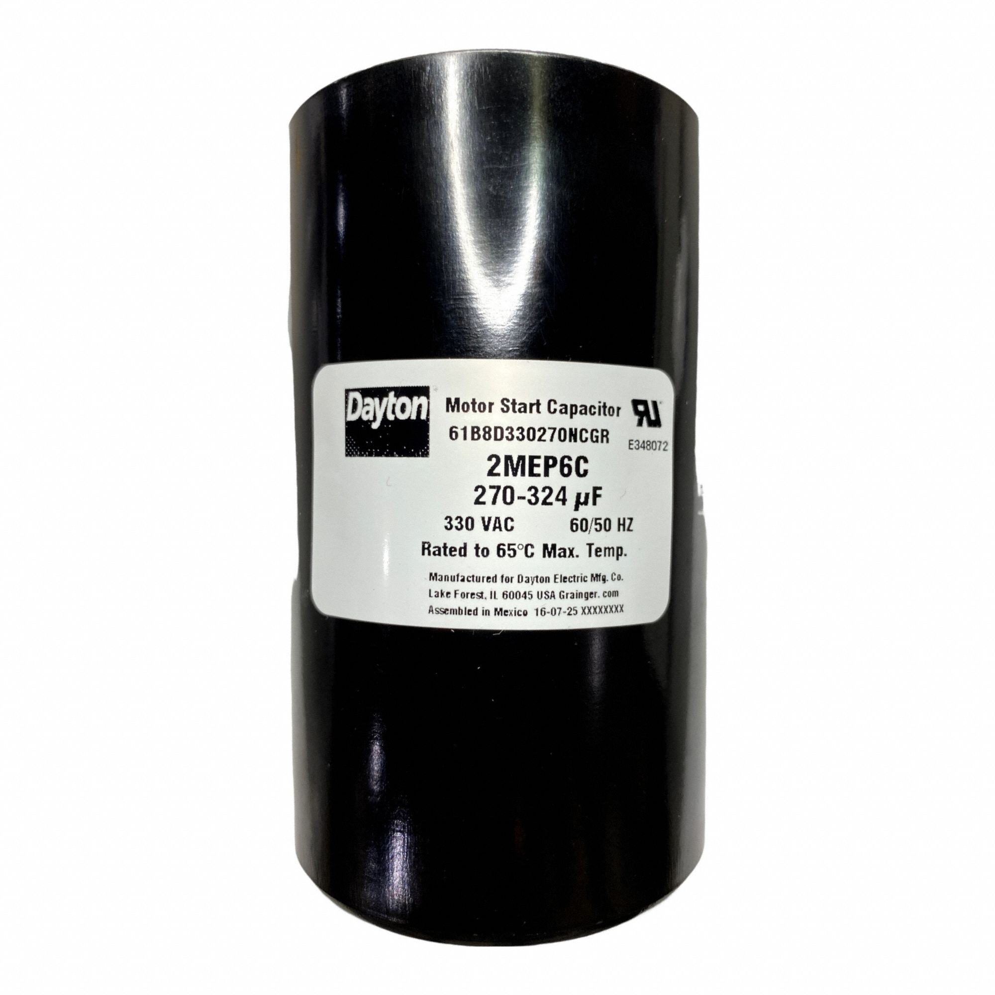 Motor Start Capacitor: Round, 4 3/8 in Case Ht, 2 9/16 in Dia, 330V AC, 270-324 MFD, Plastic
