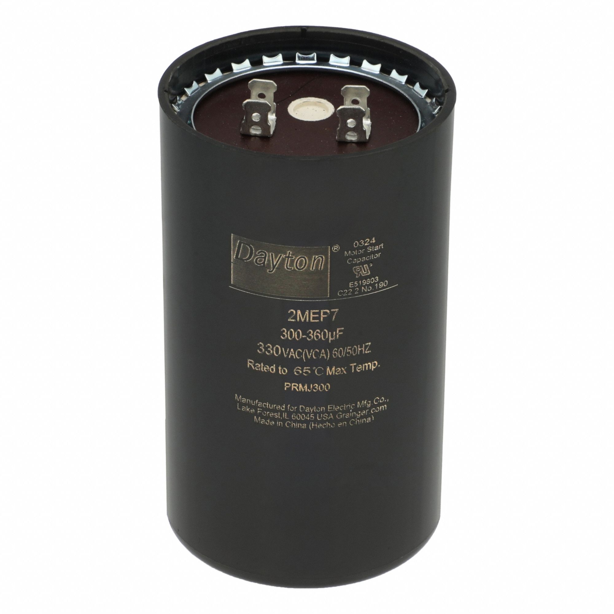 Motor Start Capacitor: Round, 4 3/8 in Case Ht, 2 9/16 in Dia, 330V AC, 300-360 MFD, Plastic