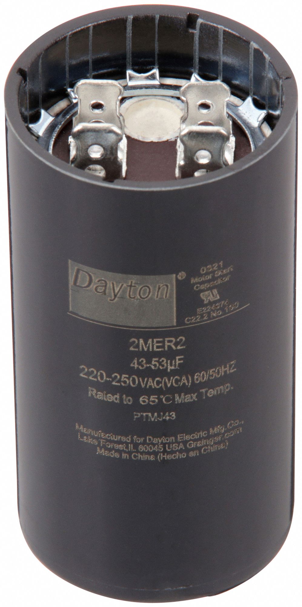 Motor Start Capacitor: Round, 2 3/4 in Case Ht, 1 7/16 in Dia, 220-250V AC, 43-53 MFD, 2MER2