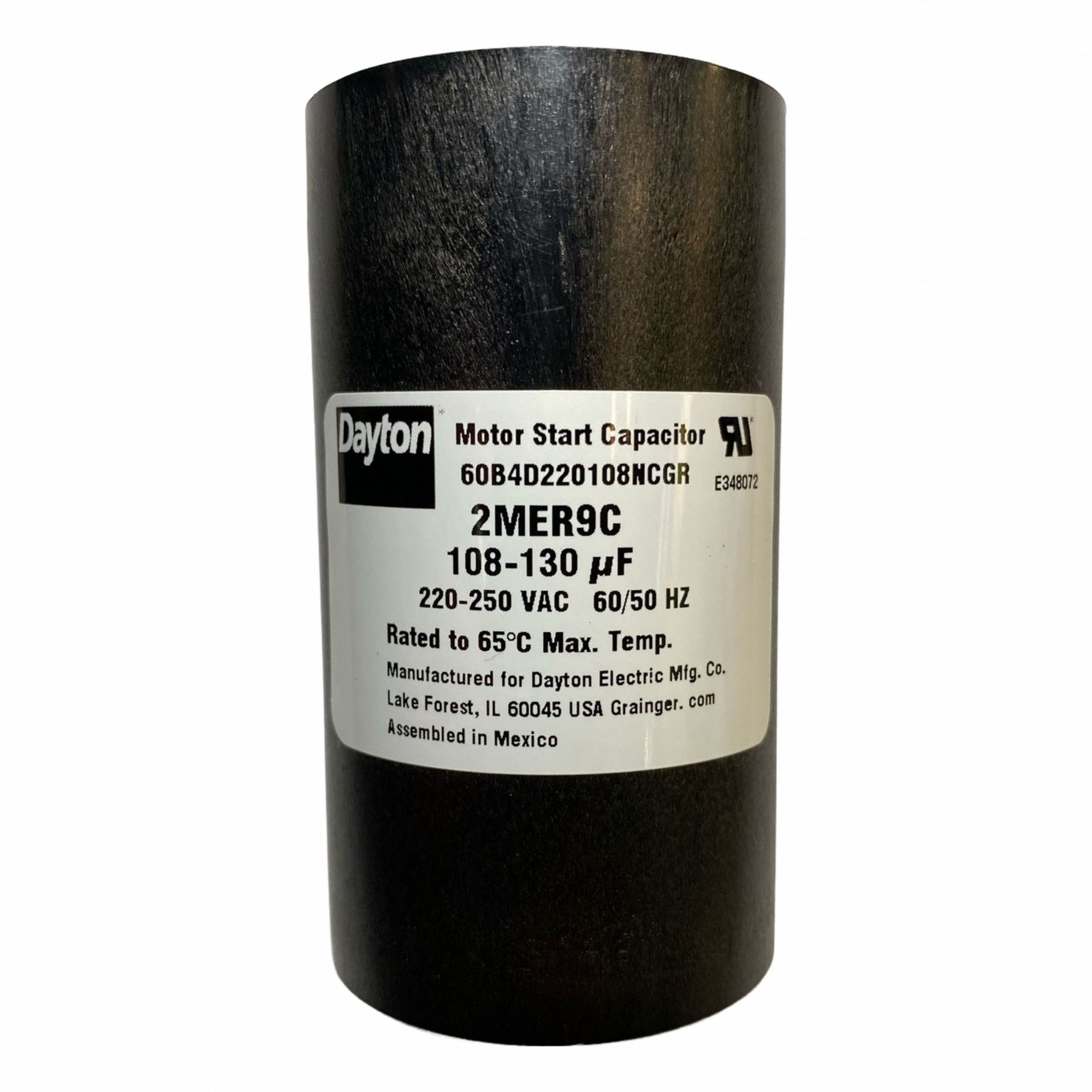 Motor Start Capacitor: Round, 3 3/8 in Case Ht, 1 13/16 in Dia, 220-250V AC, 108-130 MFD