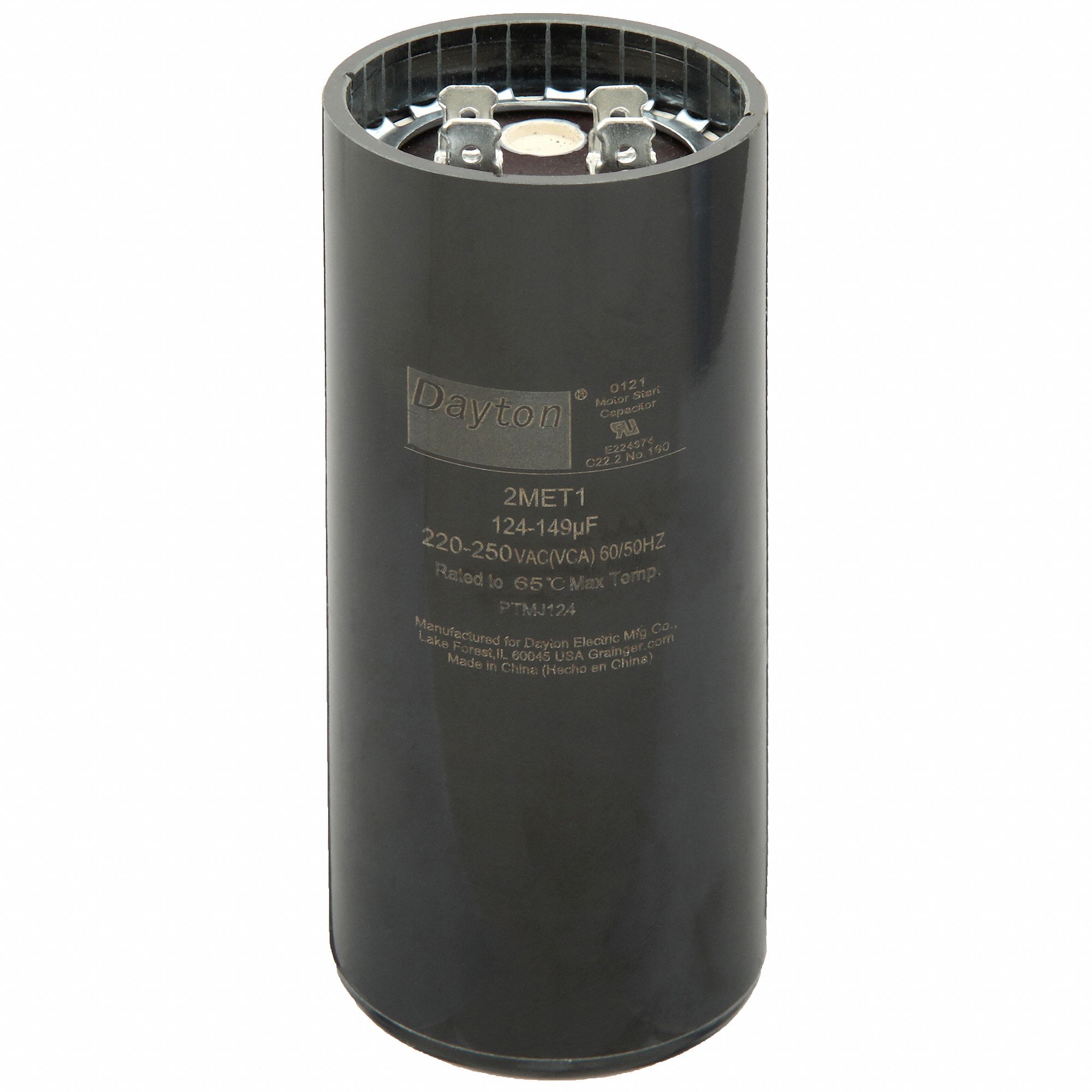 Motor Start Capacitor: Round, 4 3/8 in Case Ht, 1 13/16 in Dia, 220-250V AC, 124-149 MFD