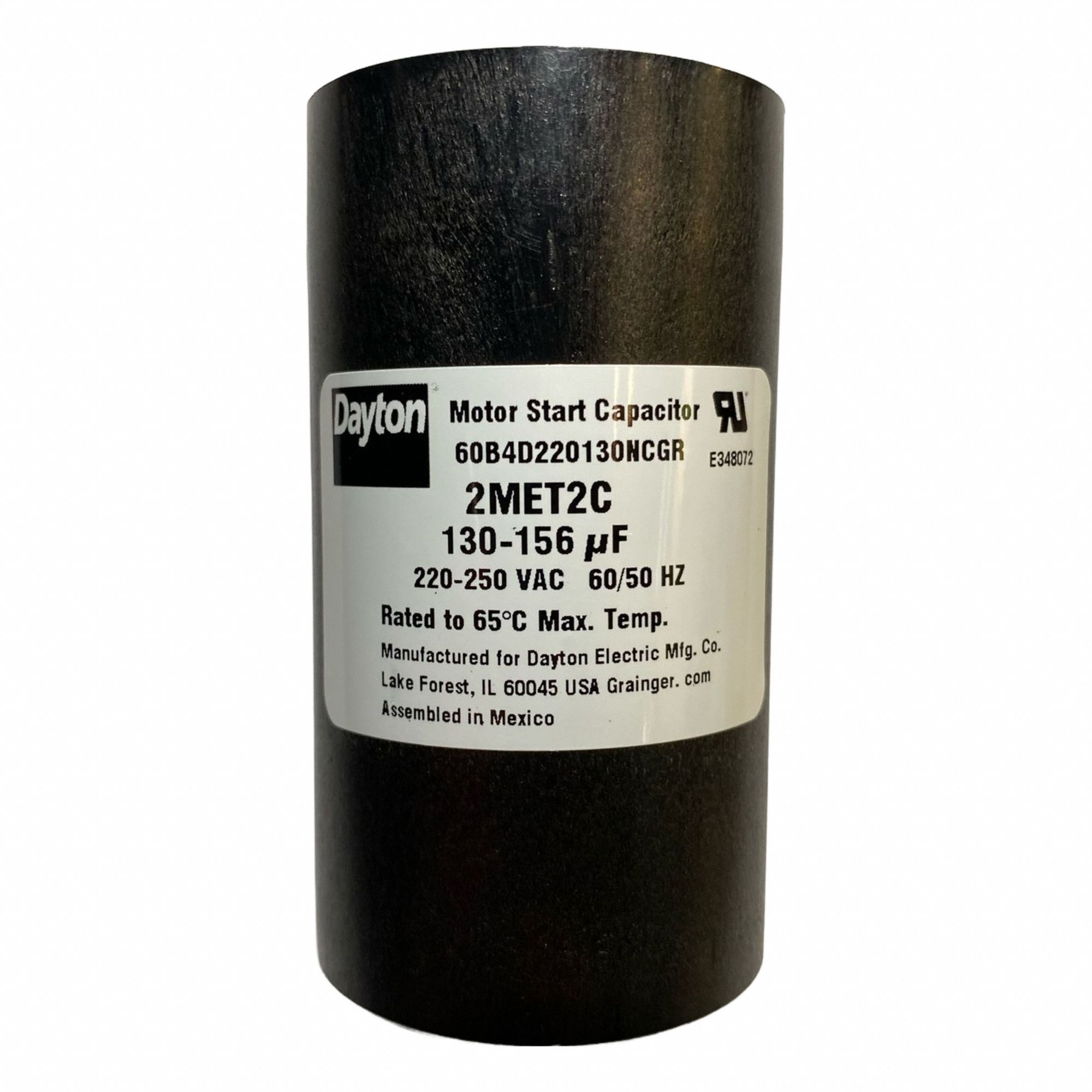 Motor Start Capacitor: Round, 3 3/8 in Case Ht, 1 13/16 in Dia, 220-250V AC, 130-158 MFD