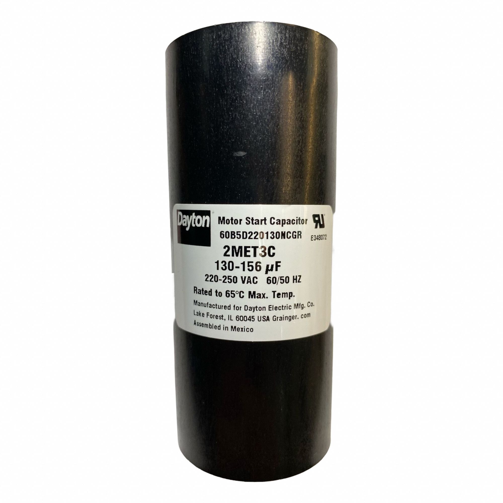 Motor Start Capacitor: Round, 4 3/8 in Case Ht, 1 13/16 in Dia, 220-250V AC, 130-158 MFD