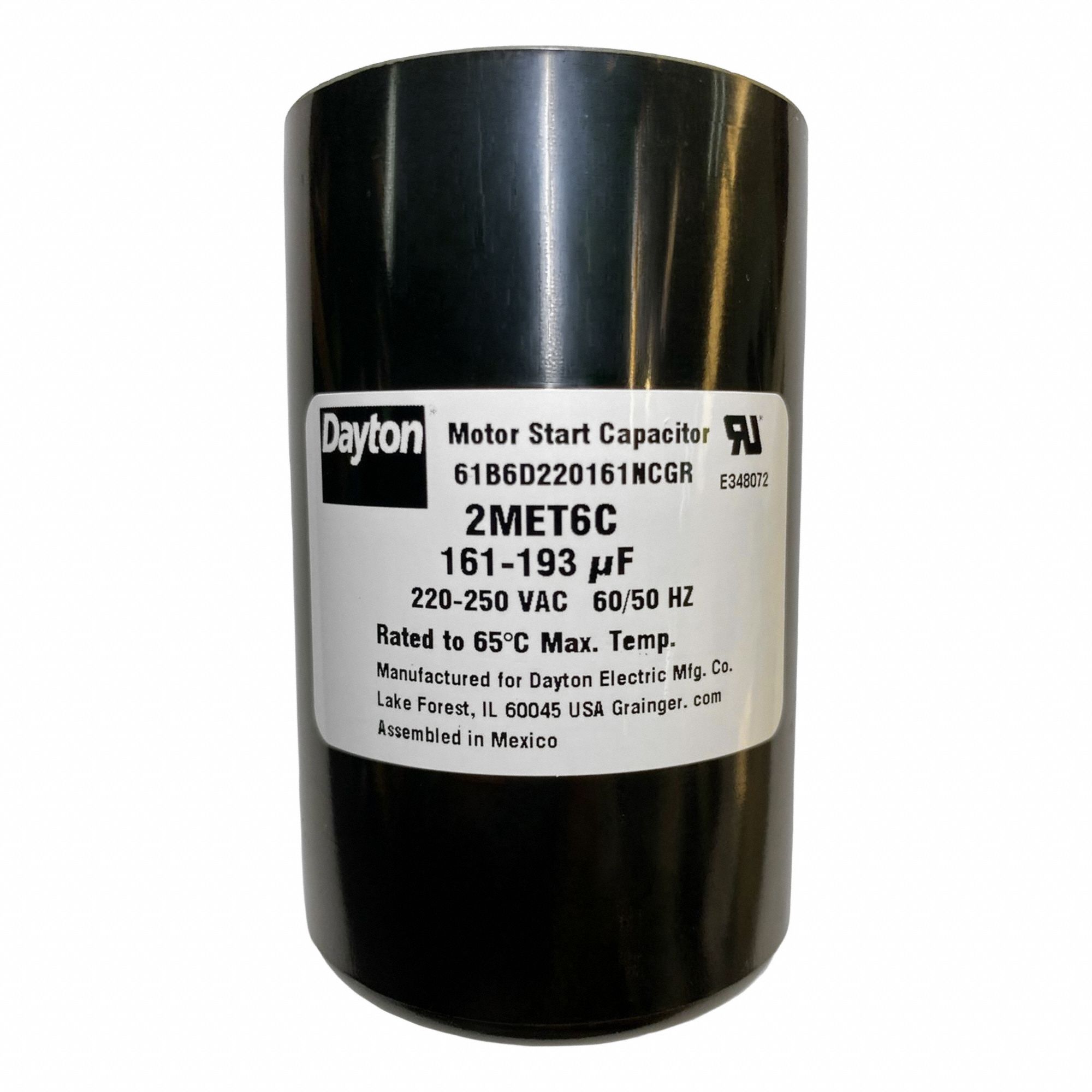 Motor Start Capacitor: Round, 3 3/8 in Case Ht, 2 1/16 in Dia, 220-250V AC, 161-193 MFD