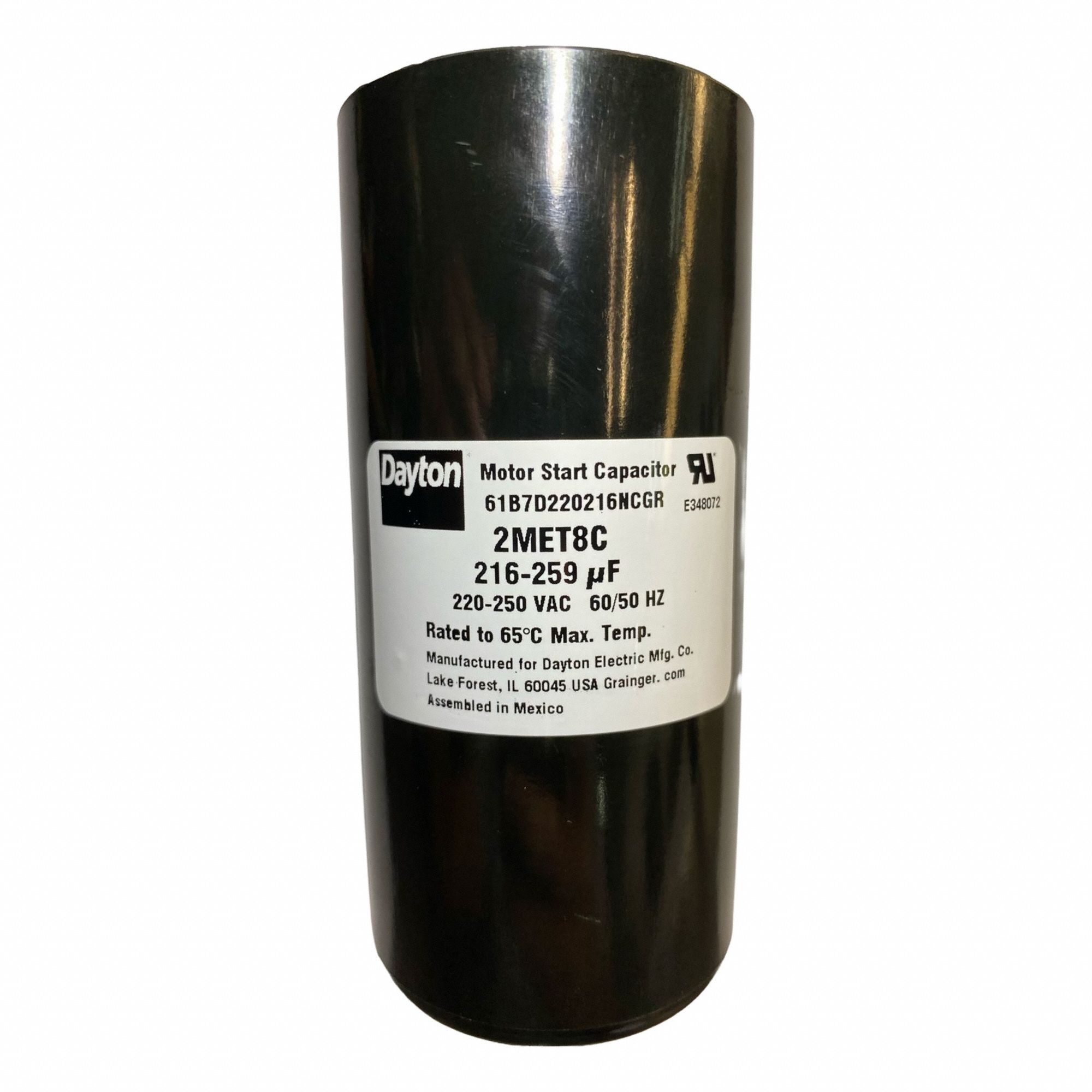 Motor Start Capacitor: Round, 4 3/8 in Case Ht, 2 1/16 in Dia, 220-250V AC, 216-259 MFD