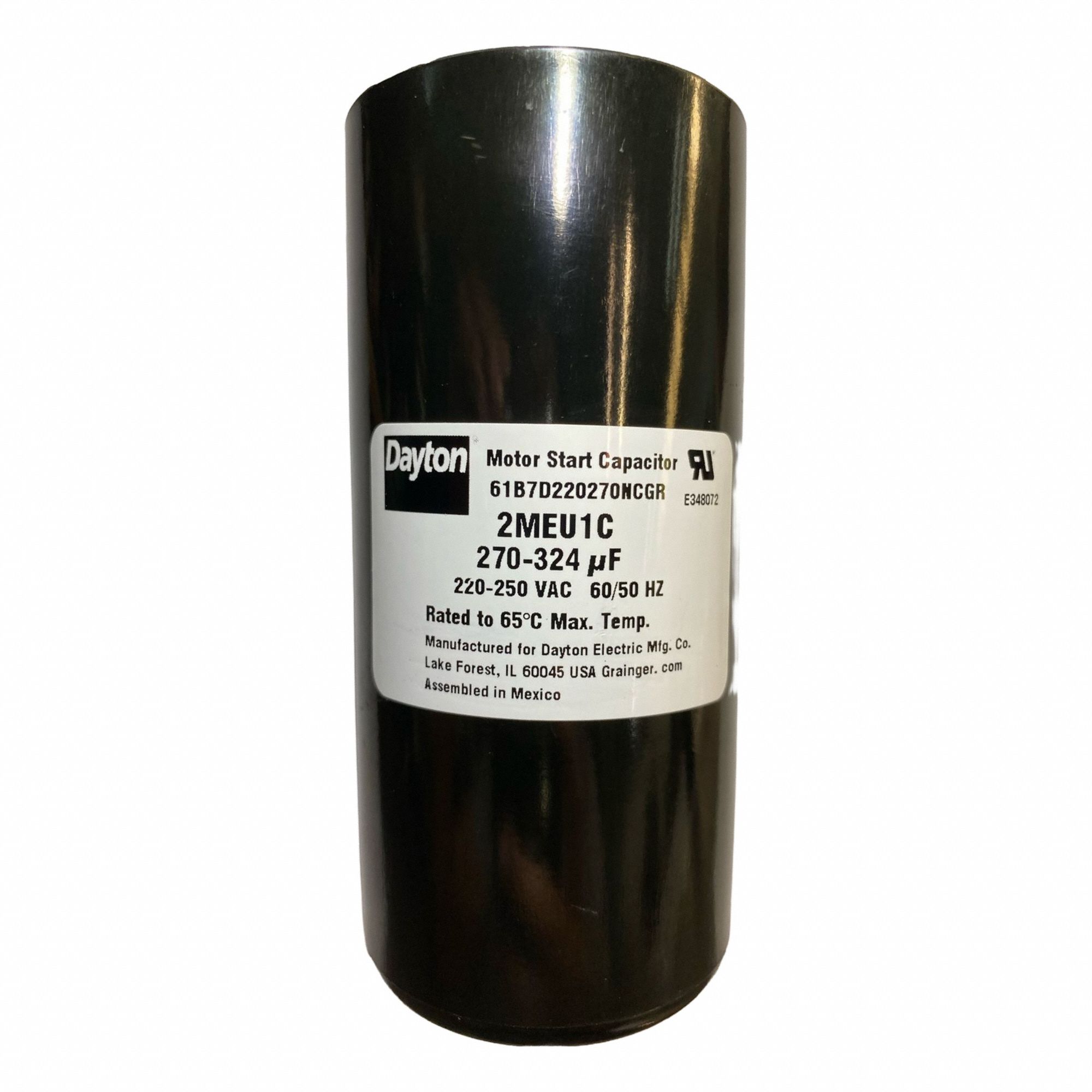 Motor Start Capacitor: Round, 4 3/8 in Case Ht, 2 1/16 in Dia, 220-250V AC, 270-324 MFD