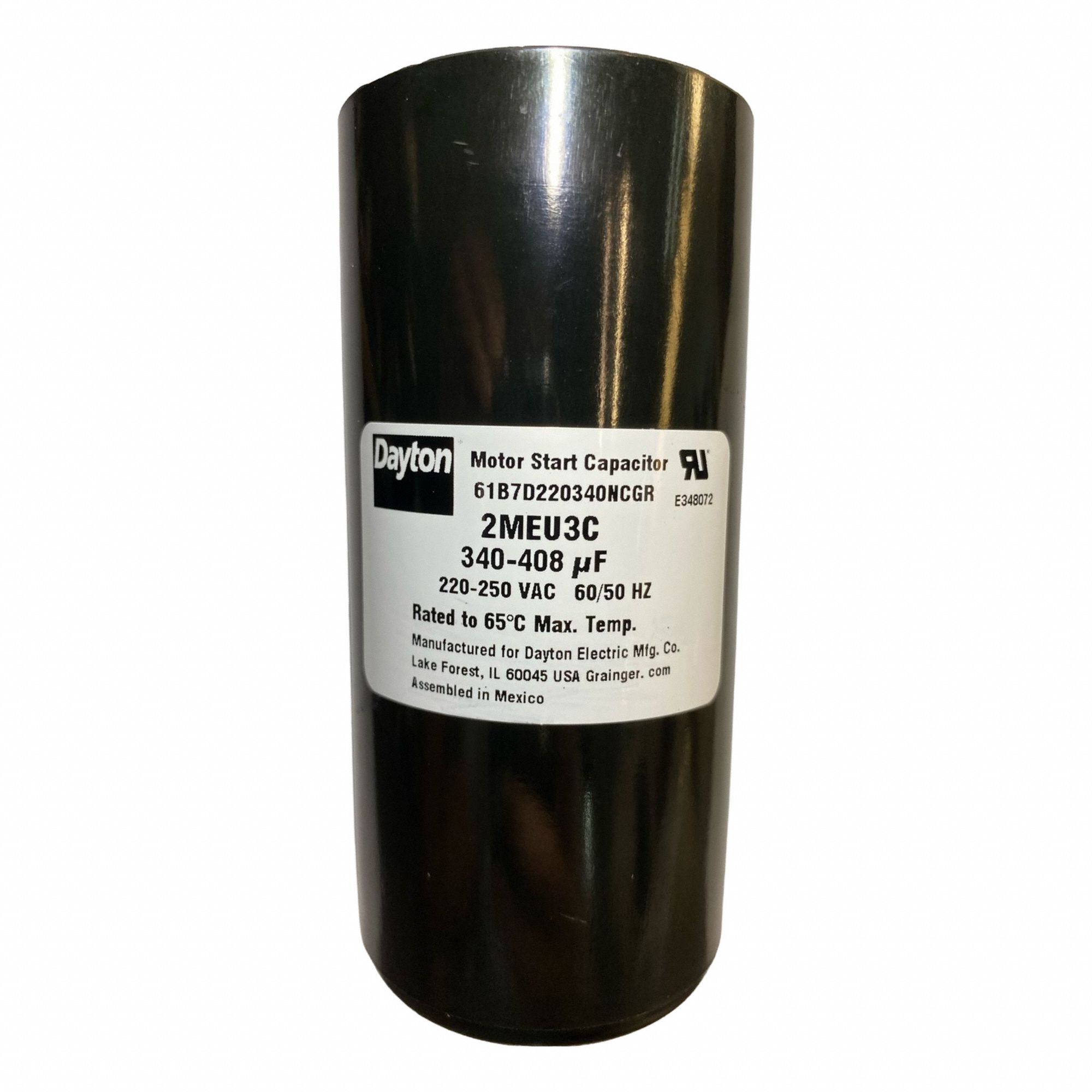 Motor Start Capacitor: Round, 4 3/8 in Case Ht, 2 1/16 in Dia, 220-250V AC, 340-408 MFD