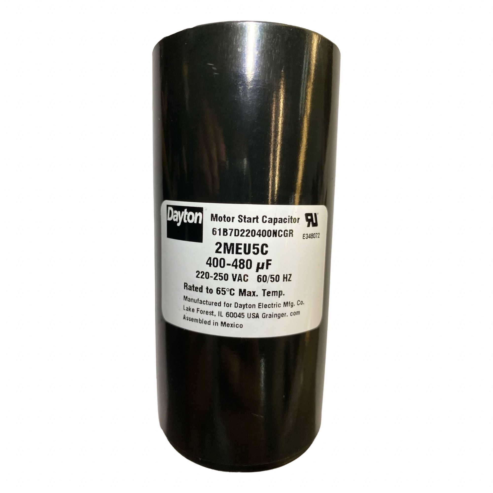 Motor Start Capacitor: Round, 4 3/8 in Case Ht, 2 1/16 in Dia, 220-250V AC, 400-480 MFD
