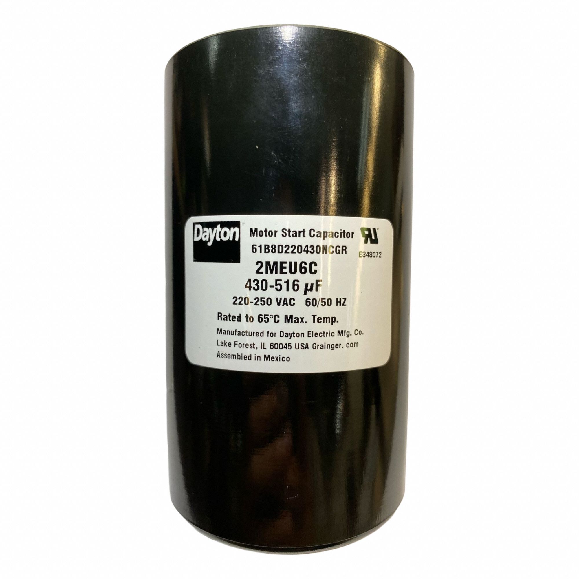 Motor Start Capacitor: Round, 4 3/8 in Case Ht, 2 9/16 in Dia, 220-250V AC, 430-516 MFD