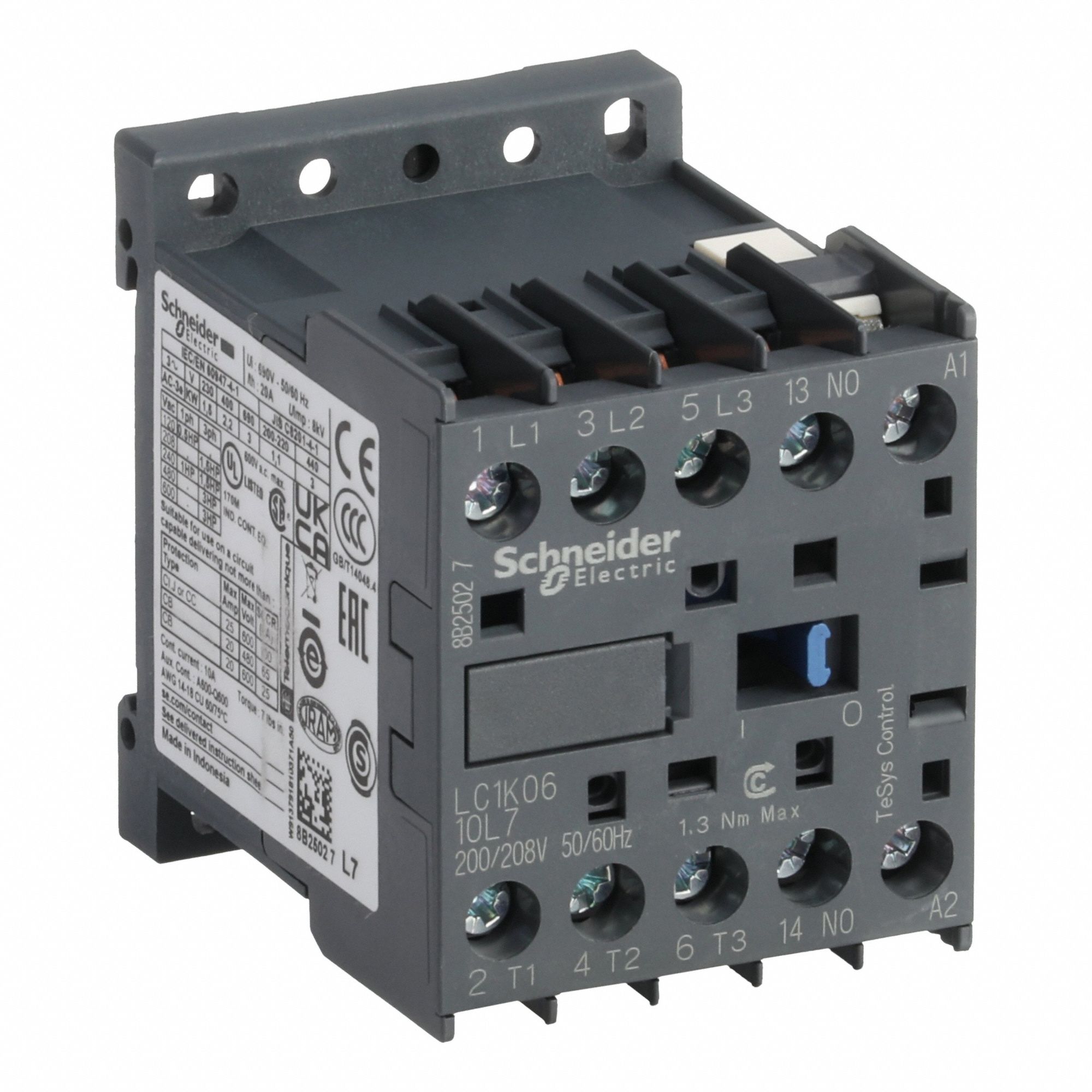 SCHNEIDER Miniature IEC Magnetic Contactor: Non-Reversing, 3 Poles, 3NO Contacts, 6 A, 208V AC Coil (MPN LC1K0610L7). Key specifications — attr945107: SCHNEIDER; attr972381: No.