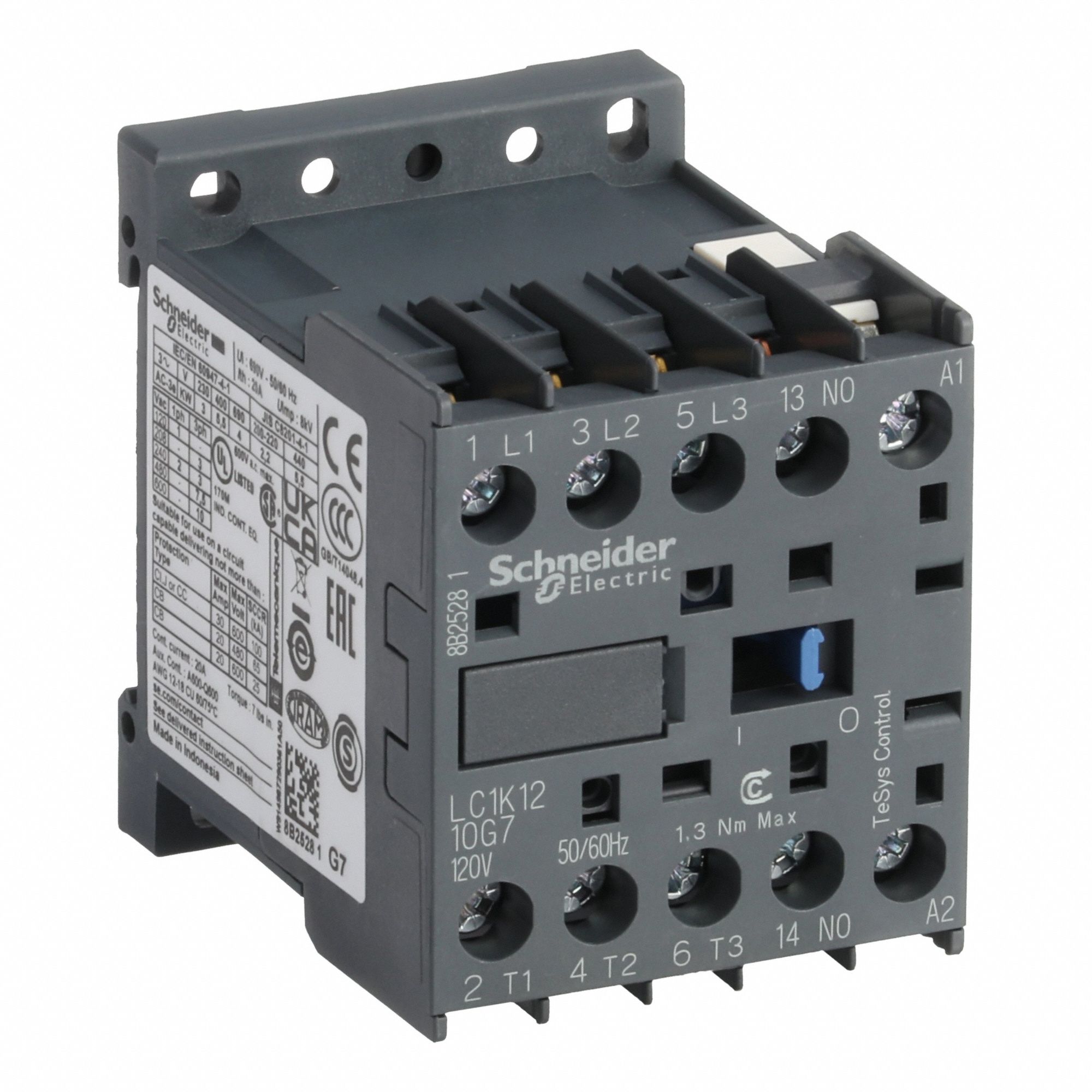 SCHNEIDER Miniature IEC Magnetic Contactor: Non-Reversing, 3 Poles, 3NO Contacts, 12 A, 120V AC Coil (MPN LC1K1210G7). Key specifications — attr945107: SCHNEIDER; attr972381: No.