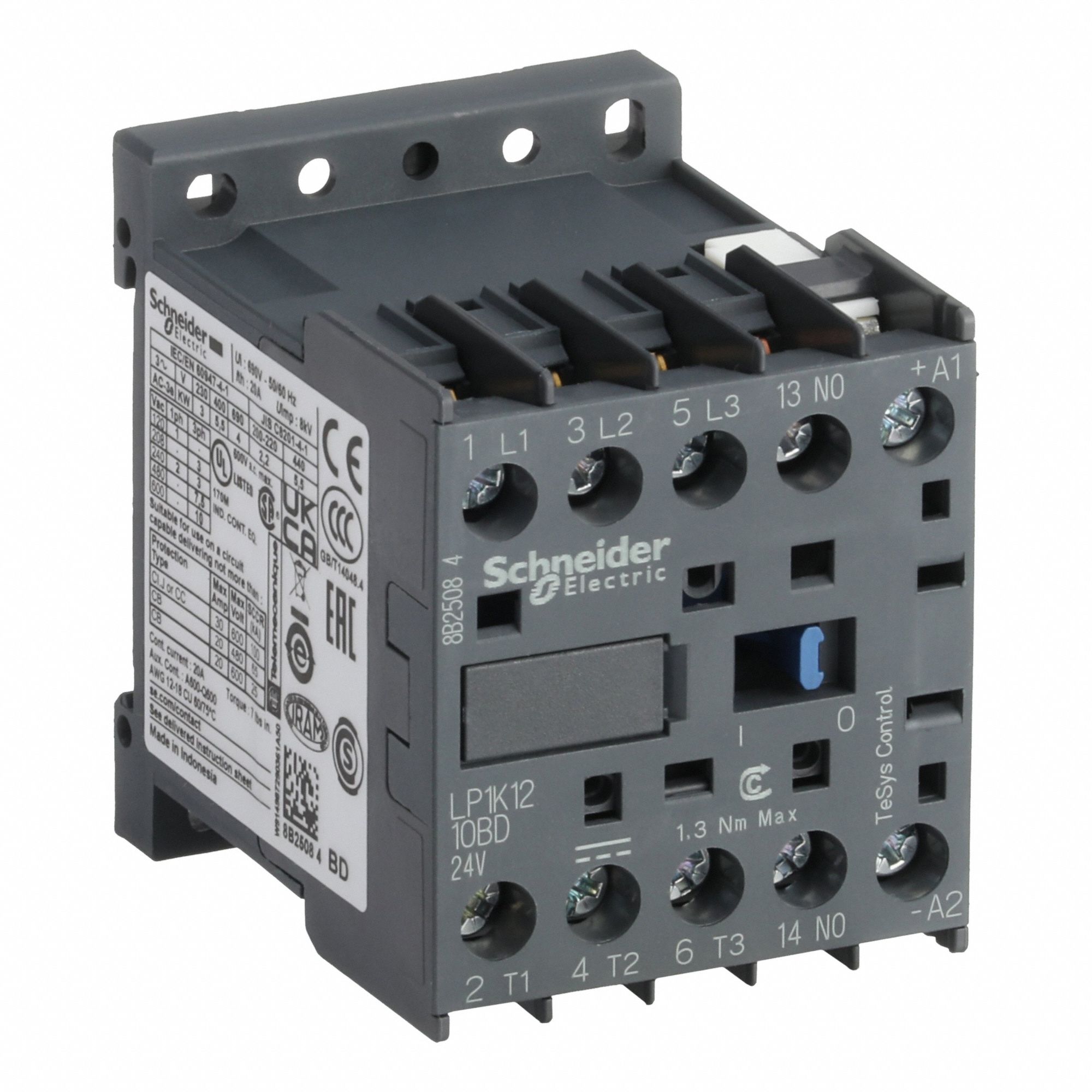 SCHNEIDER Miniature IEC Magnetic Contactor: Non-Reversing, 3 Poles, 3NO Contacts, 12 A, 24V DC Coil (MPN LP1K1210BD). Key specifications — attr945107: SCHNEIDER; attr972381: No.