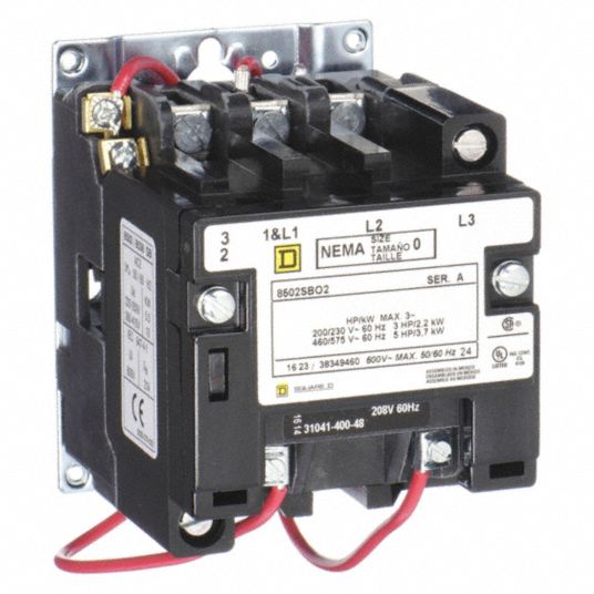 SQUARE D NEMA Magnetic Contactor: Non-Reversing, 3 Poles, NEMA Size 0, 18  A, 208 to 240V AC