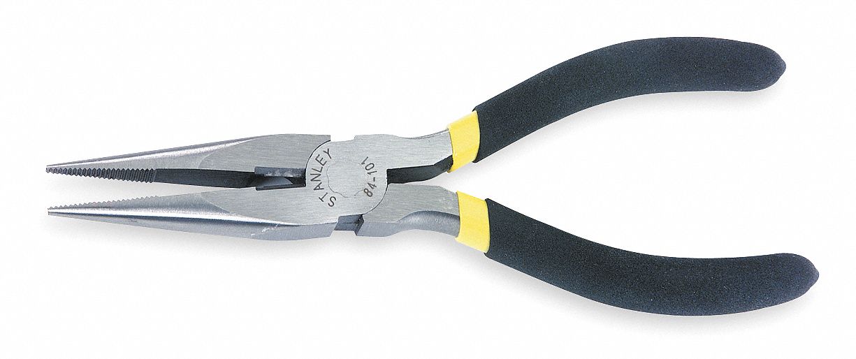 LONG-NOSE PLIERS, BLACK/YELLOW HANDLE, 8 IN L
