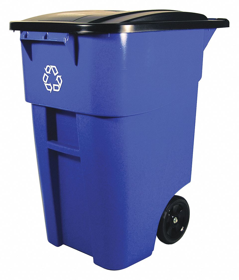 50 gal Rectangular Recycling Rollout Trash Can,  Plastic,  Blue