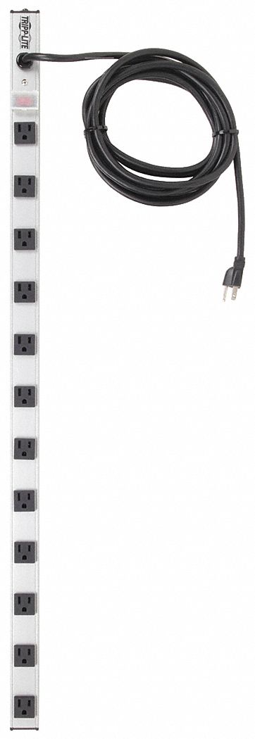 OUTLET STRIP, 12 OUTLETS, 15 FT CORD, 15 A MAX, GREY, NEMA 5-15P, 36 IN L