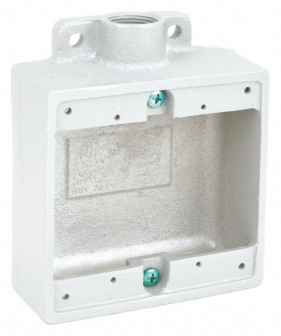 WEATHERPROOF ELECTRICAL BOX, IRON, 2 GANGS, ¾ IN HUB SIZE, 32 CU IN CAPACITY, GREY